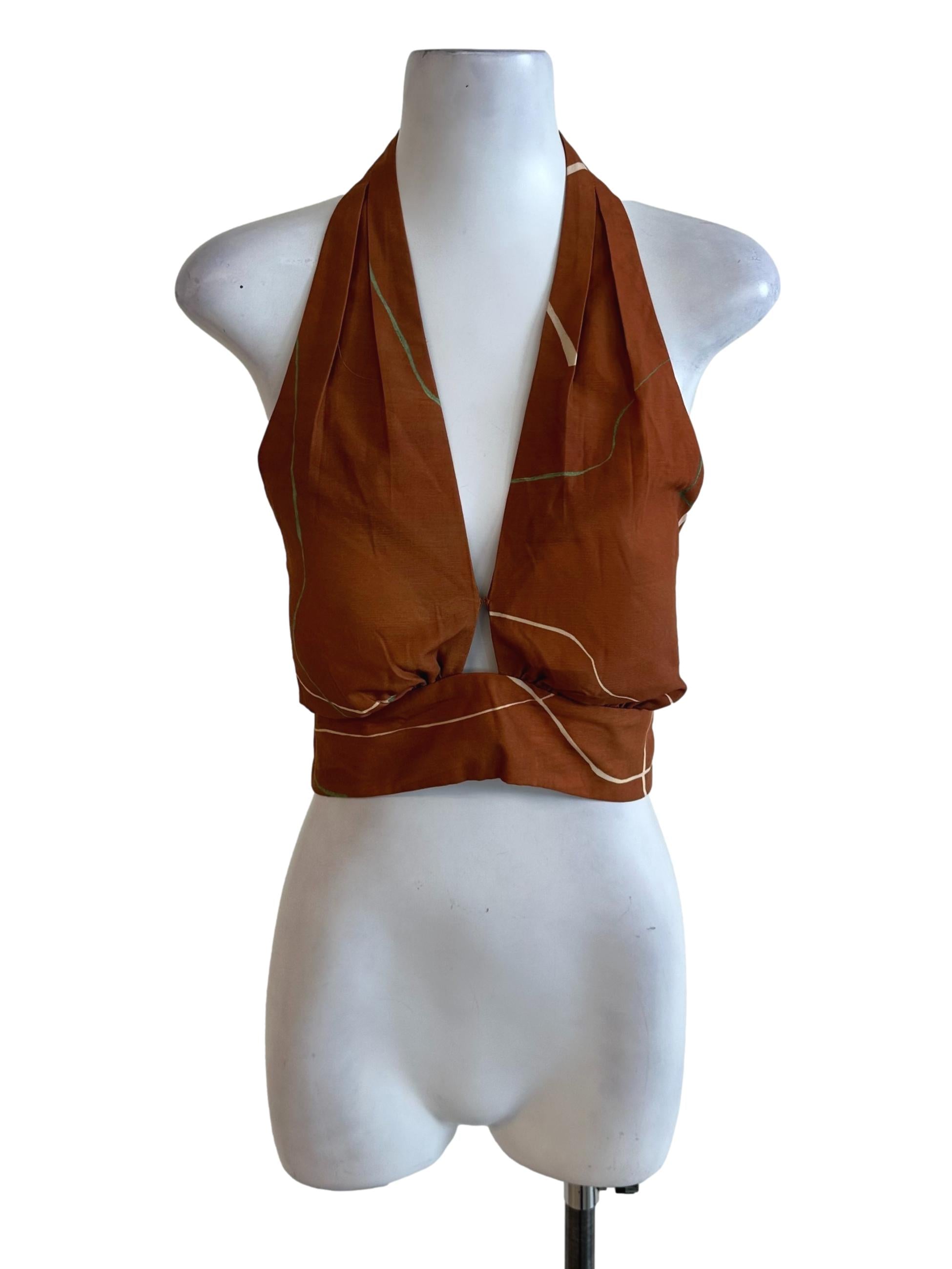 Brick Brown Pattern Deep V Neck Halter Top