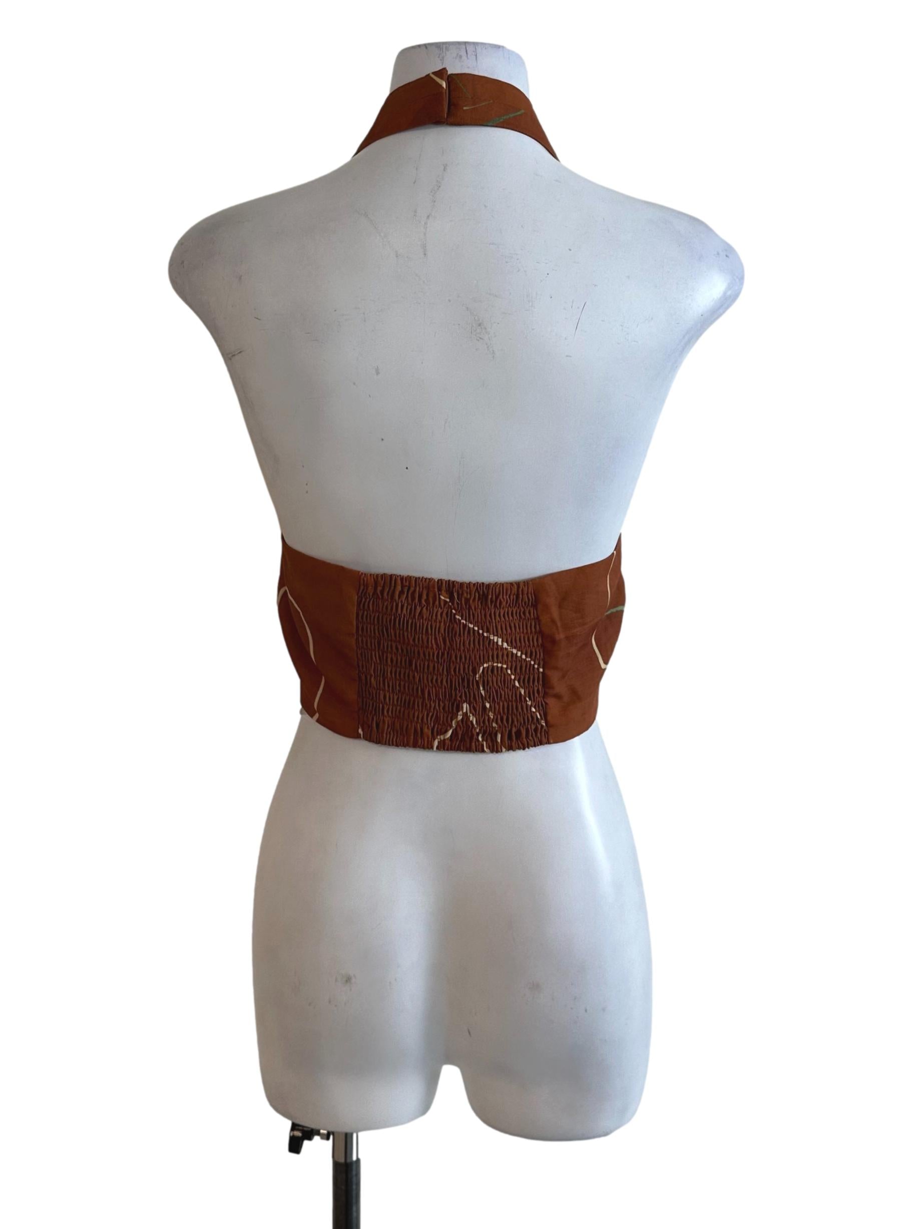 Brick Brown Pattern Deep V Neck Halter Top