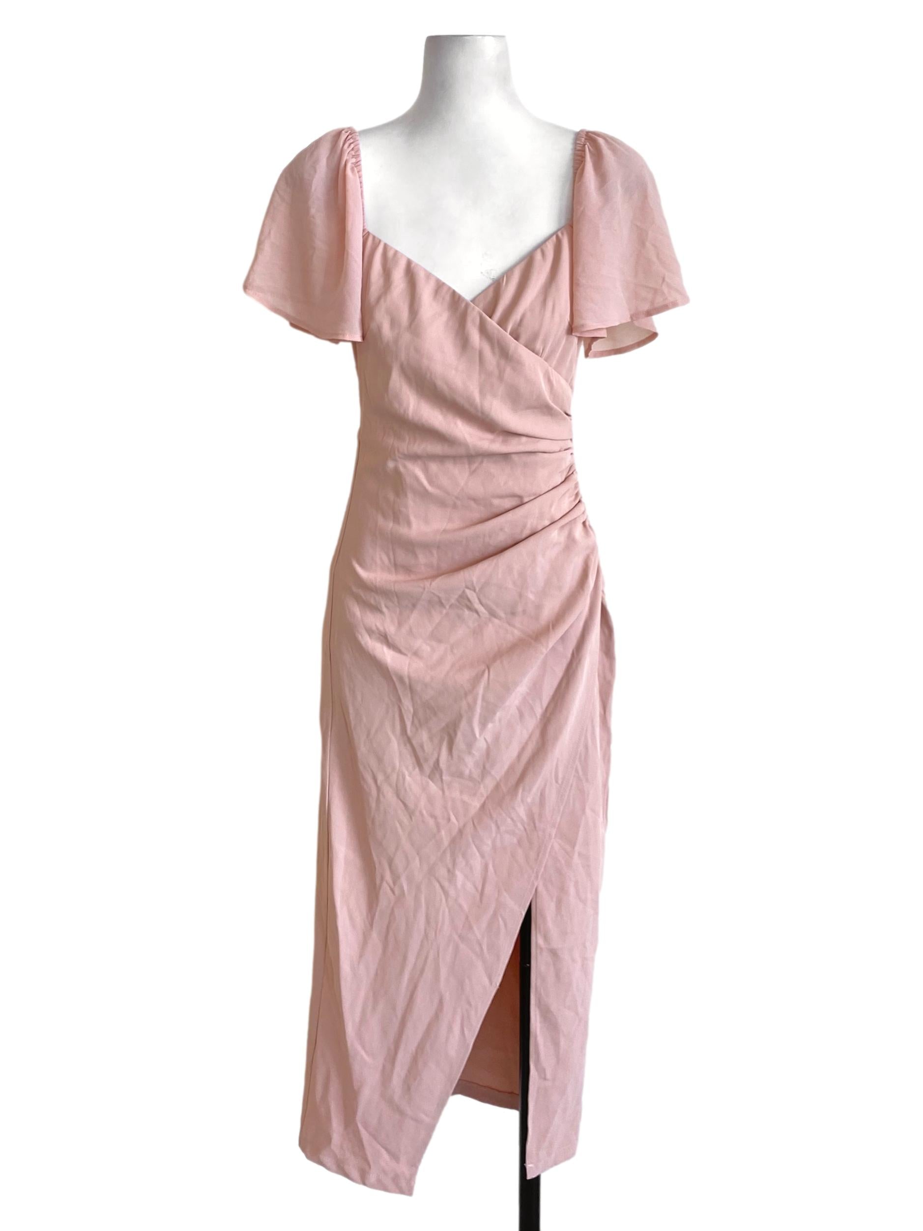 Salmon Pink Butterfly Sleeved Cross Bust Slit Dress