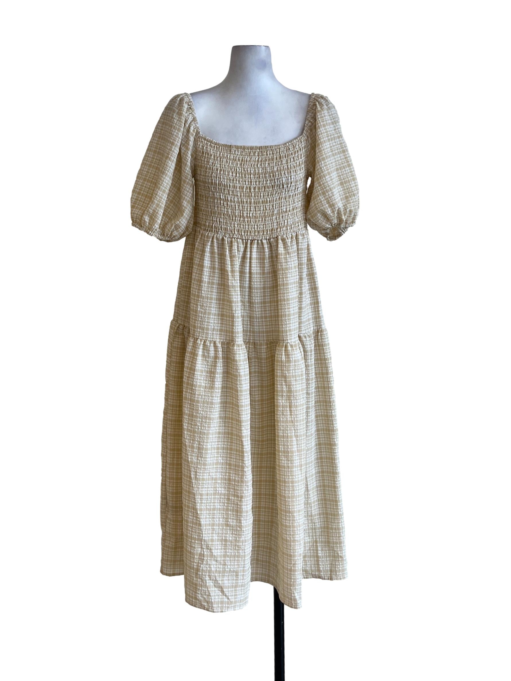 Linen Beige Shirred Bodice Dress