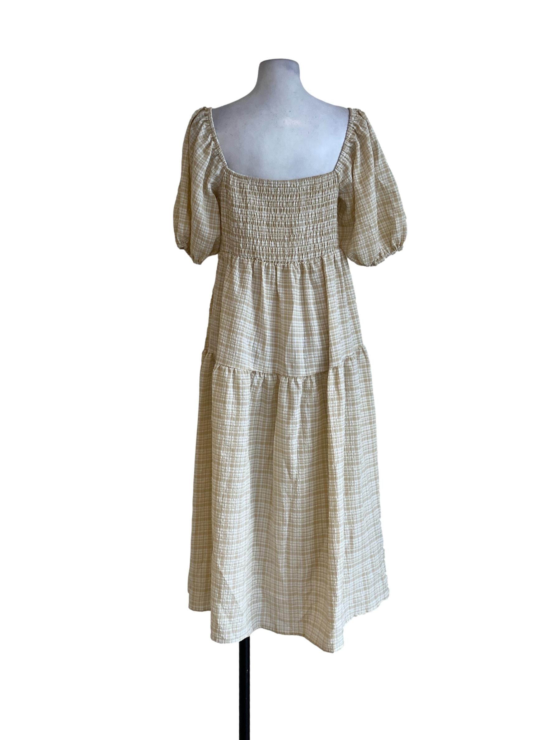 Linen Beige Shirred Bodice Dress