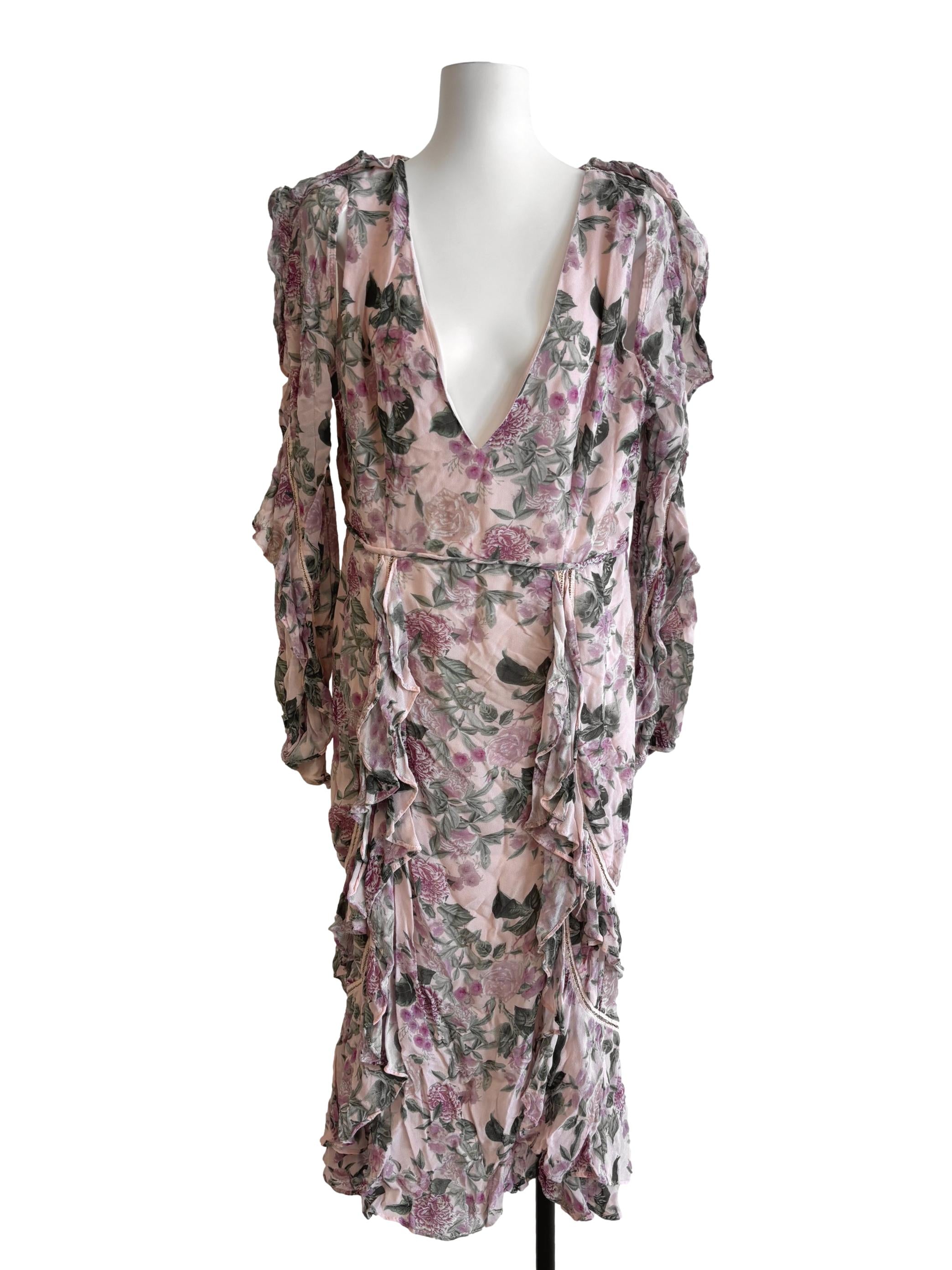 Nude Pink Printed Plunge Neck Dress