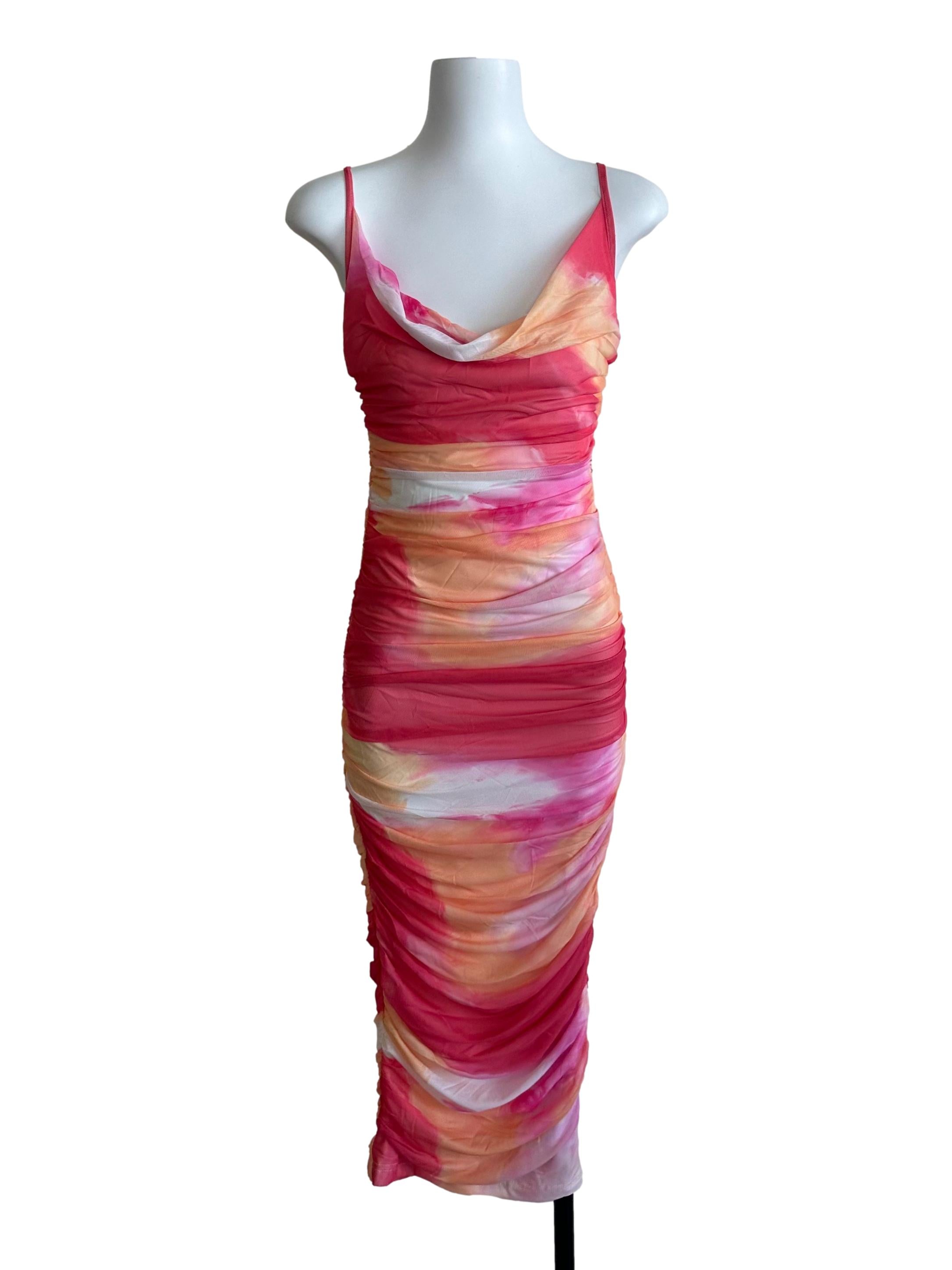Red Orange Cowl Neck Drape Ruched Dress