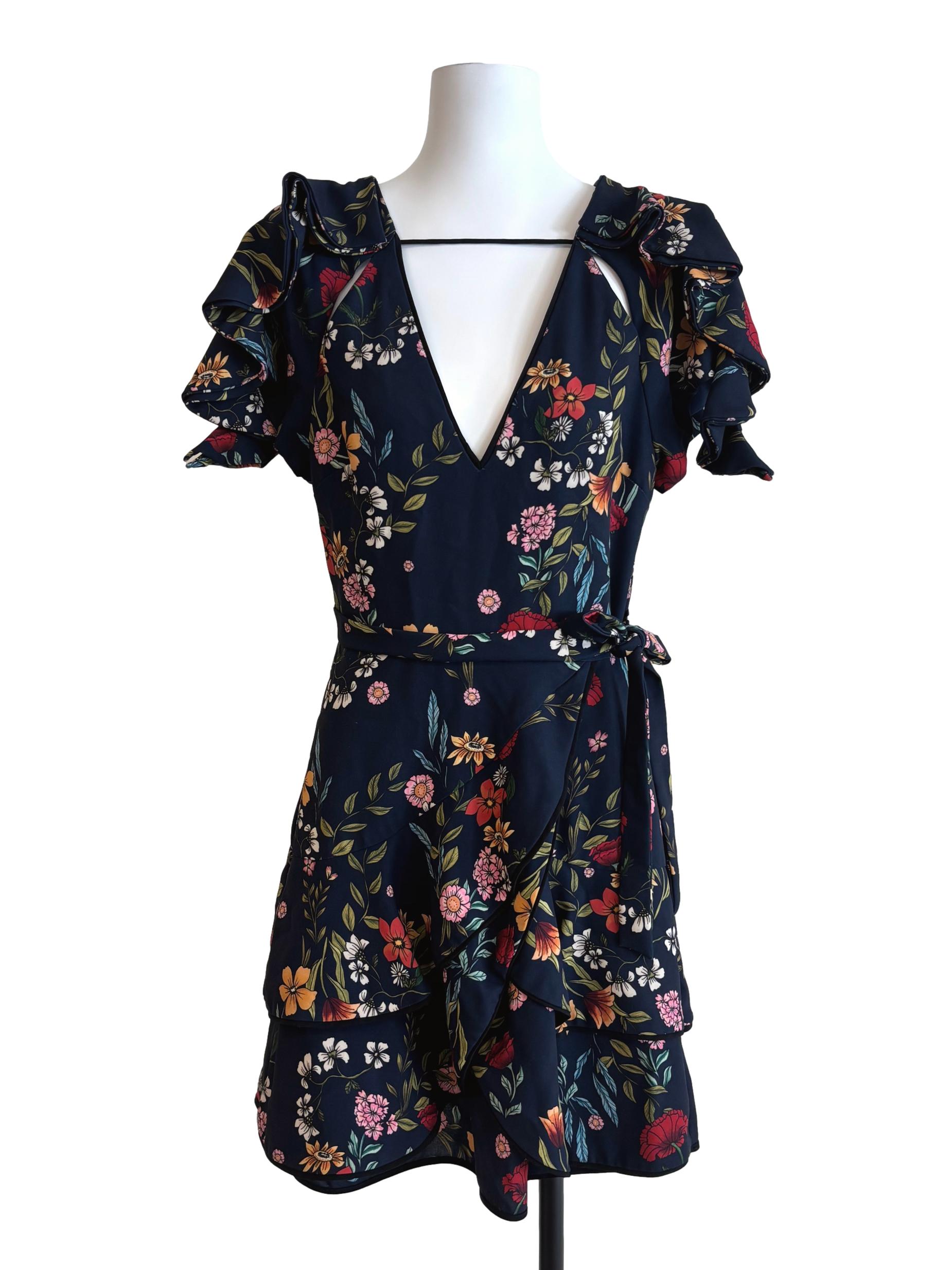 Navy Blue Floral Ruffle Dress
