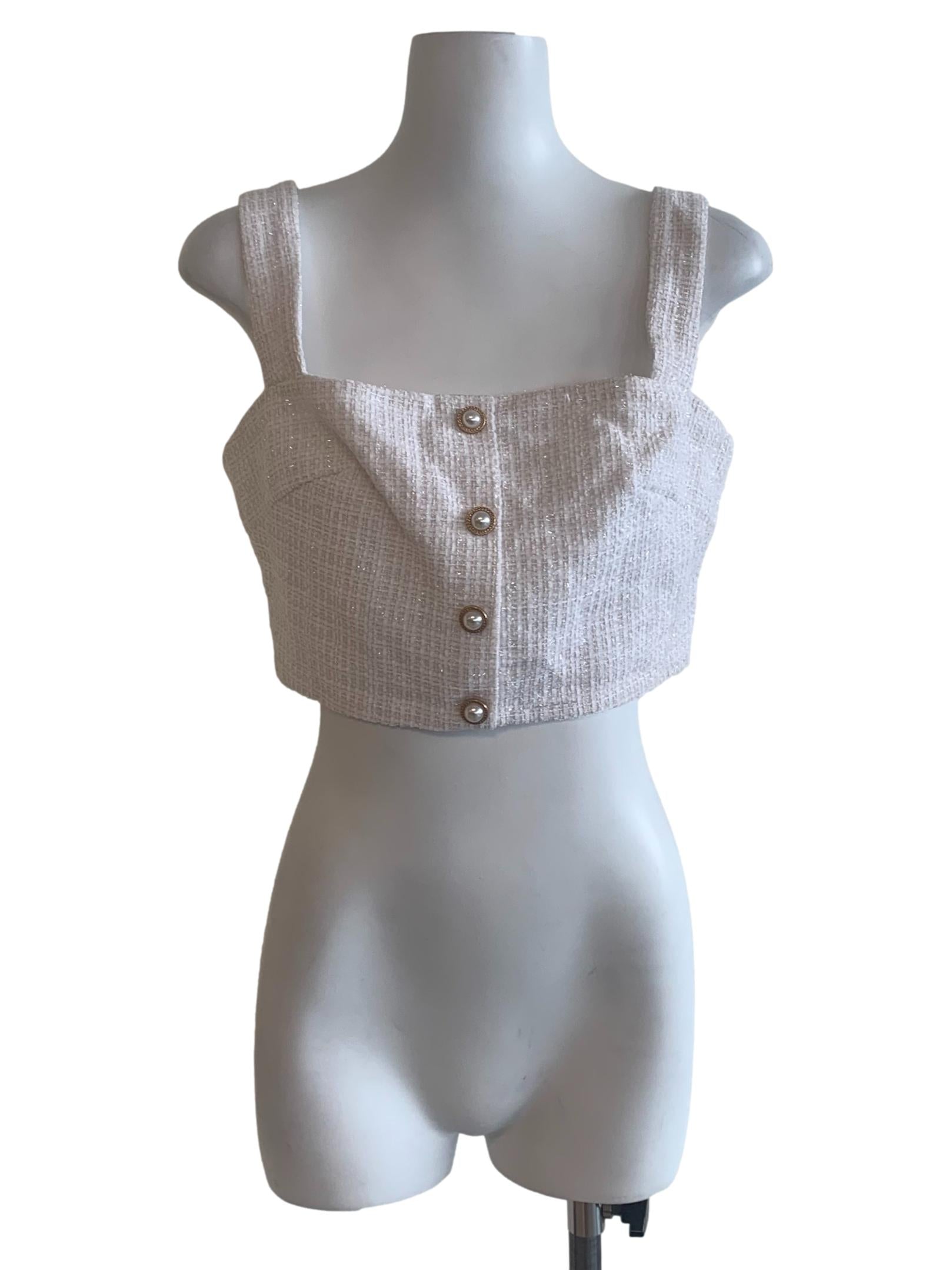 White Tweed Sweetheart Neck Top