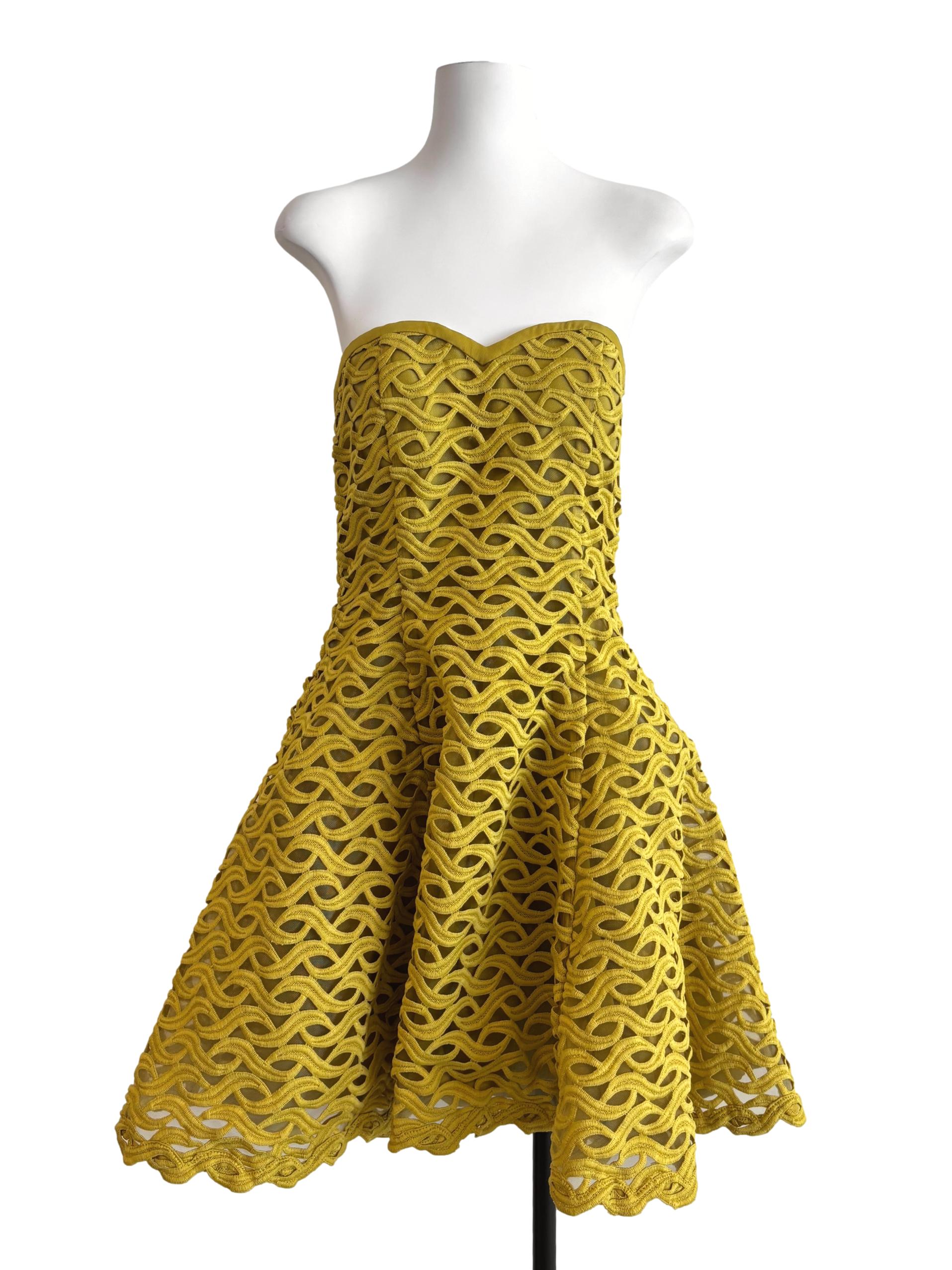 Mustard Yellow Textured Strapless A-Line Dress