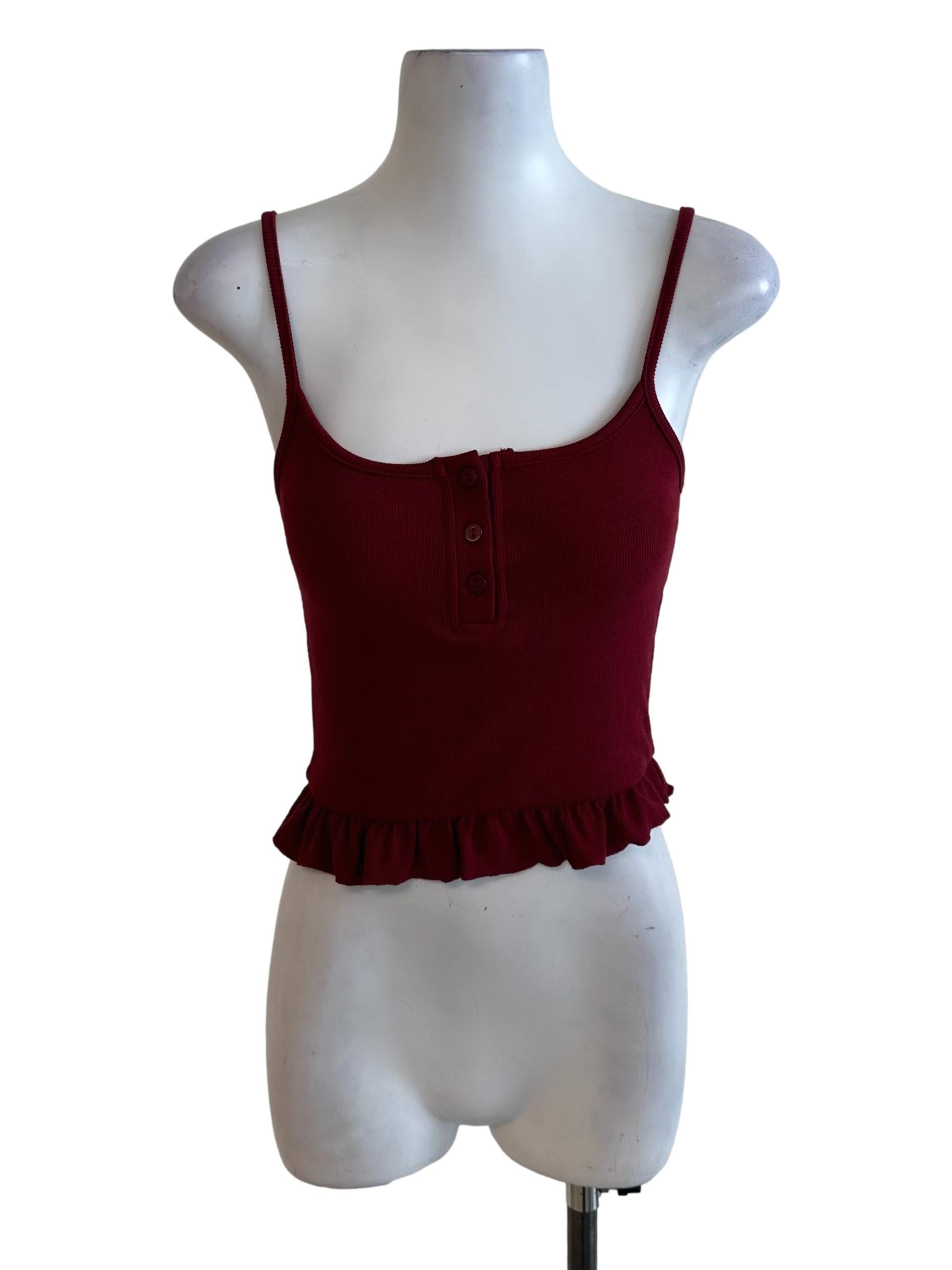 Maroon Red Knit Ruffle Button Top