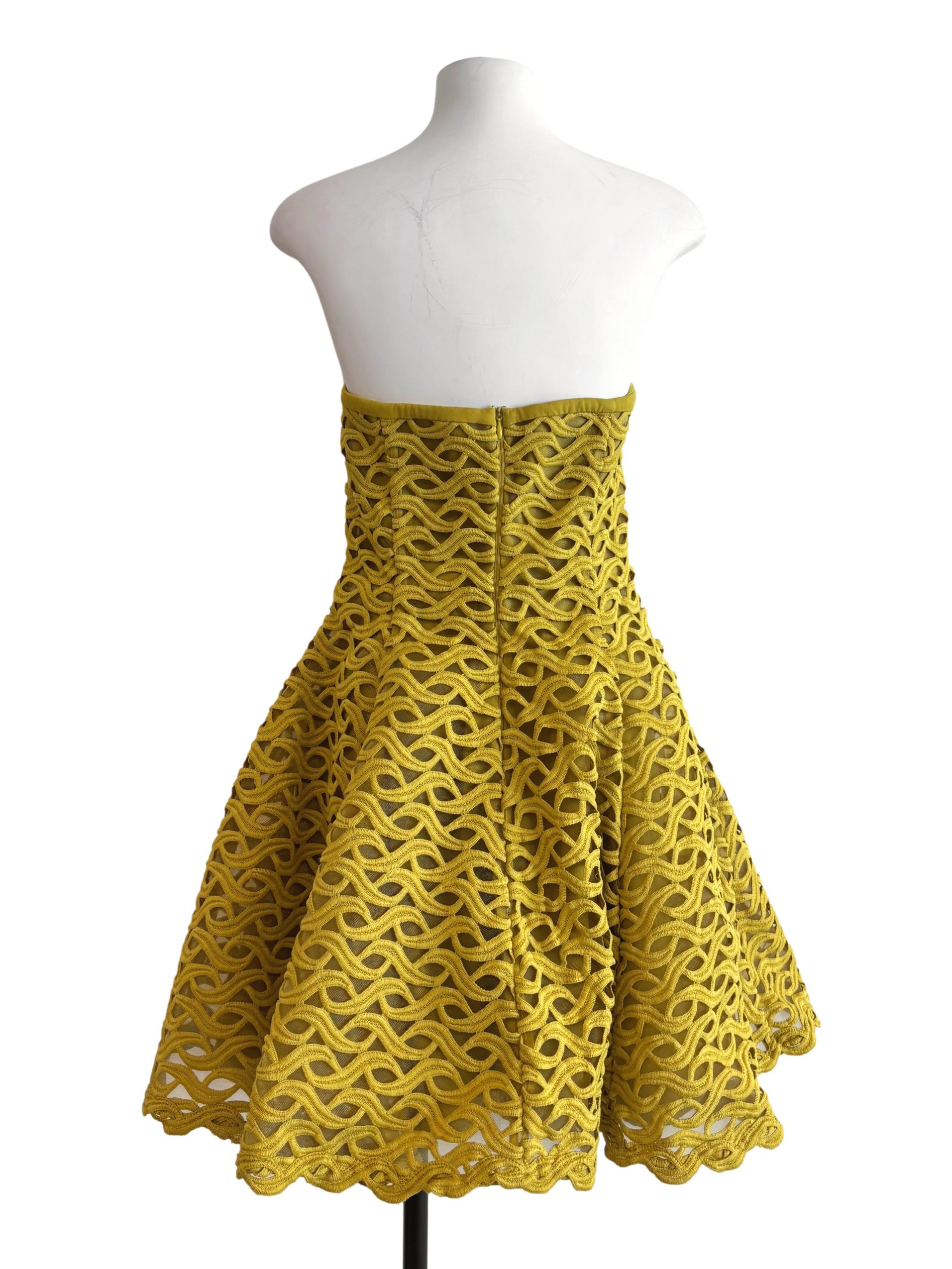 Mustard Yellow Textured Strapless A-Line Dress