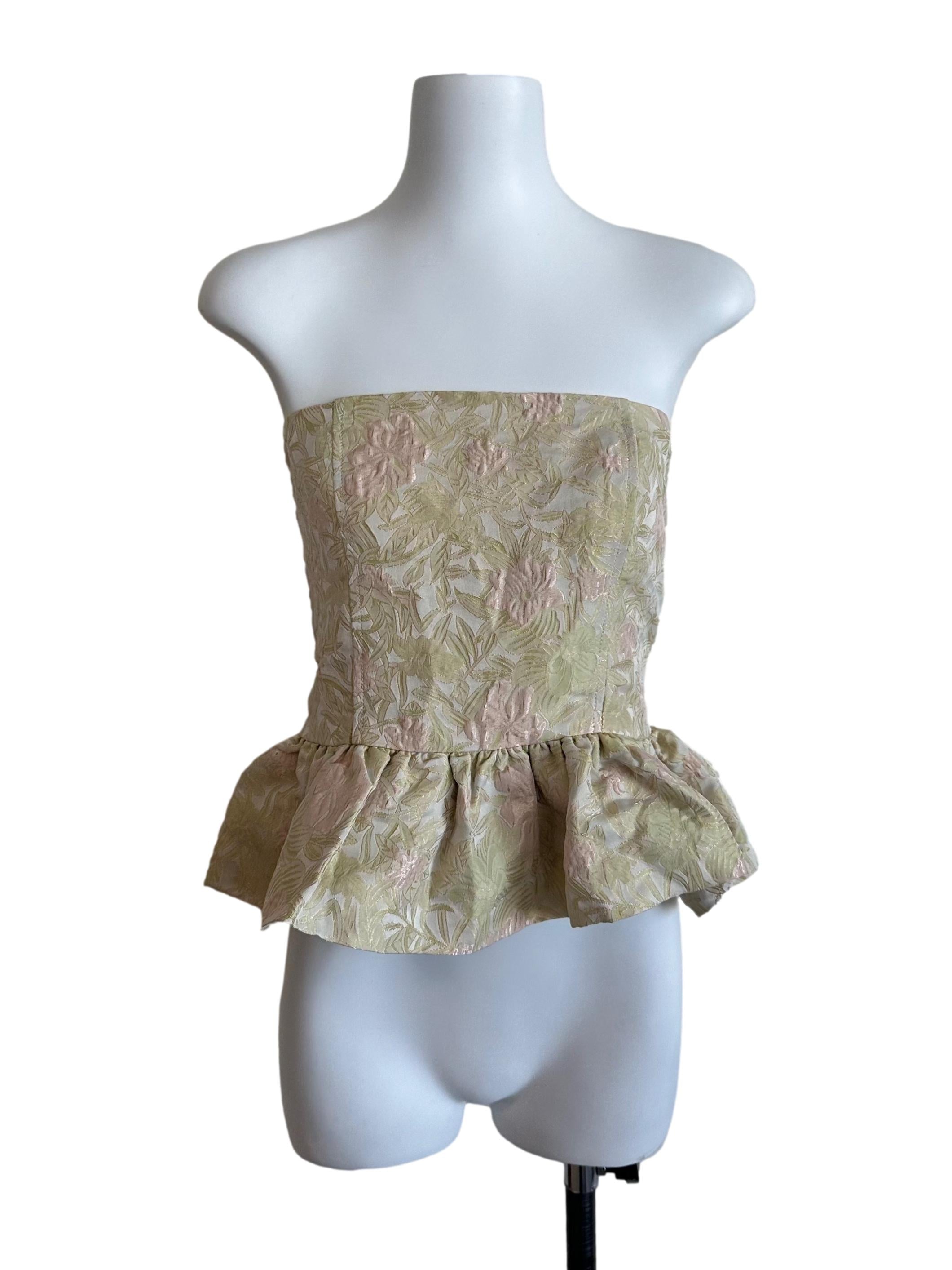 Lime Green Floral Textured Peplum Tube Top