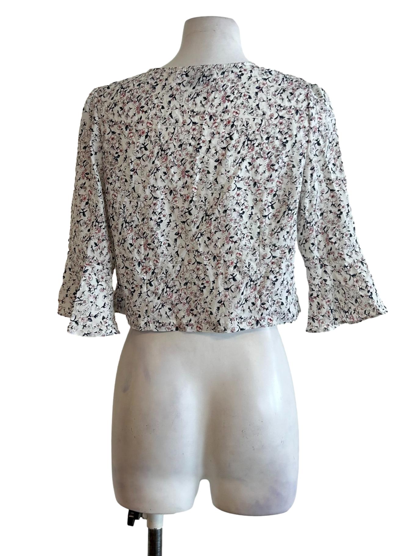 White Floral Print Cropped Blouse