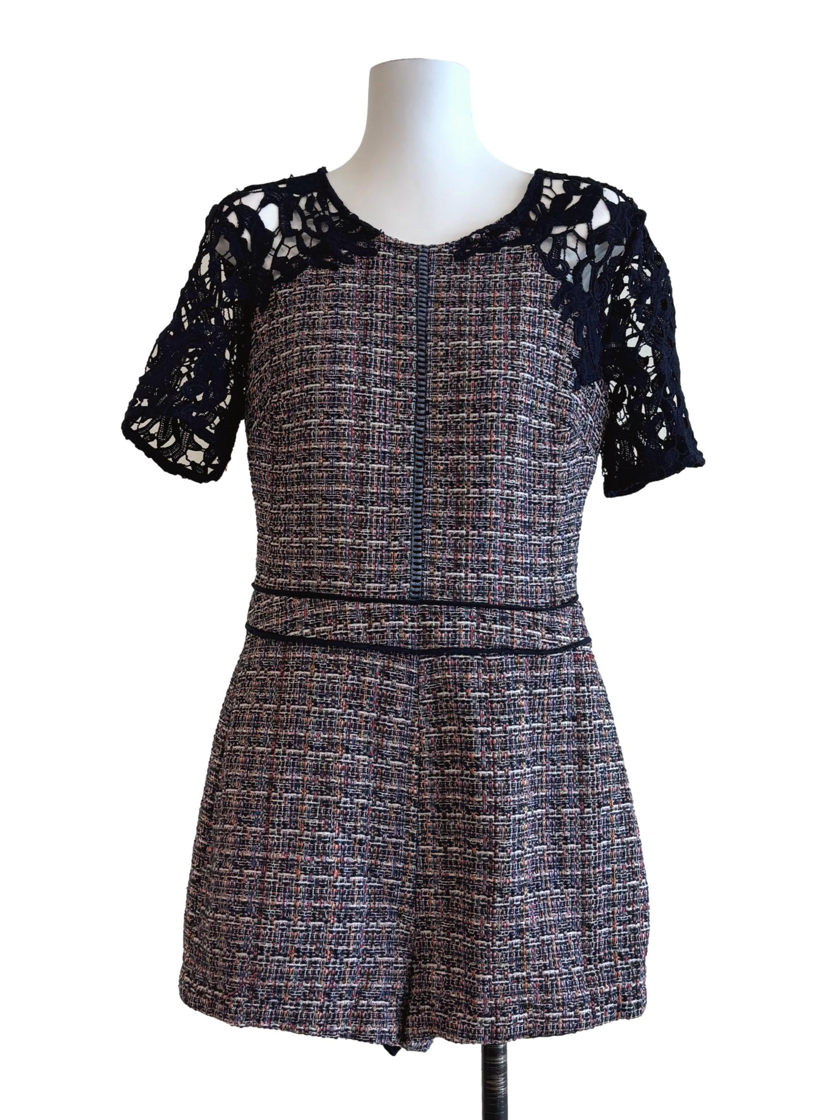 Midnight Blue Lace Shoulder Tweed Romper