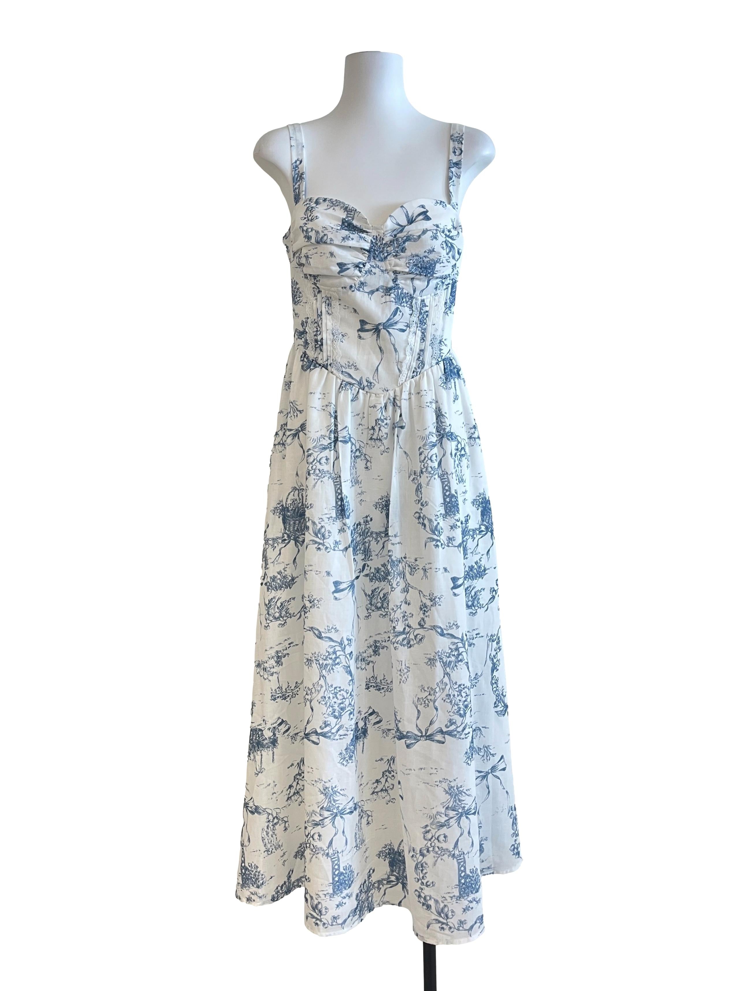 White With Blue Print Sleeveless Dress