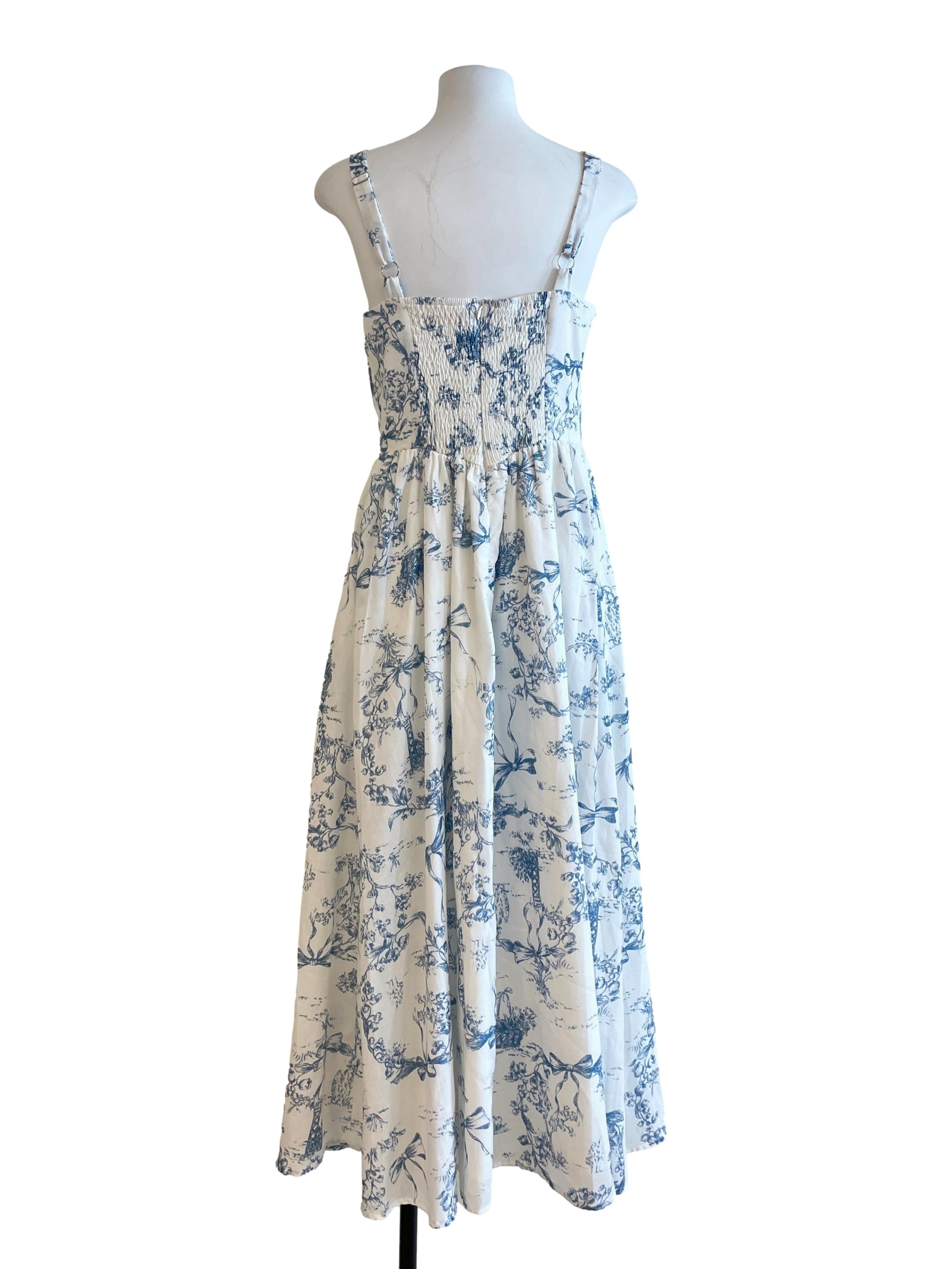 White With Blue Print Sleeveless Dress