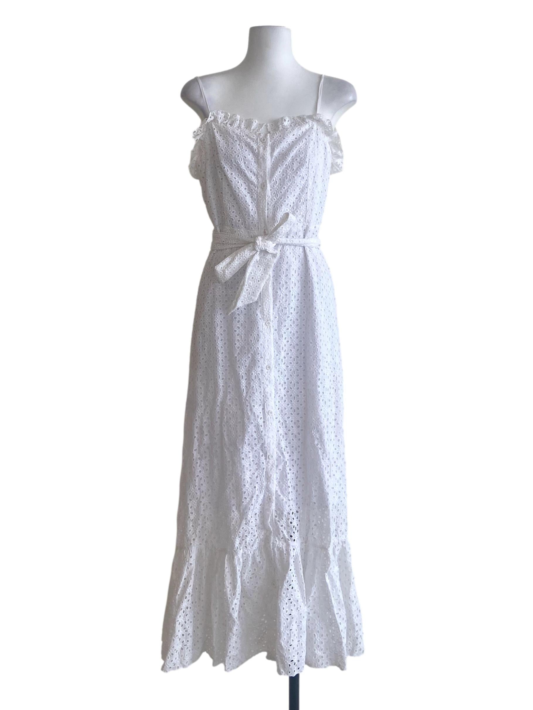 White Floral Embroidery Drop Waist Dress TEM