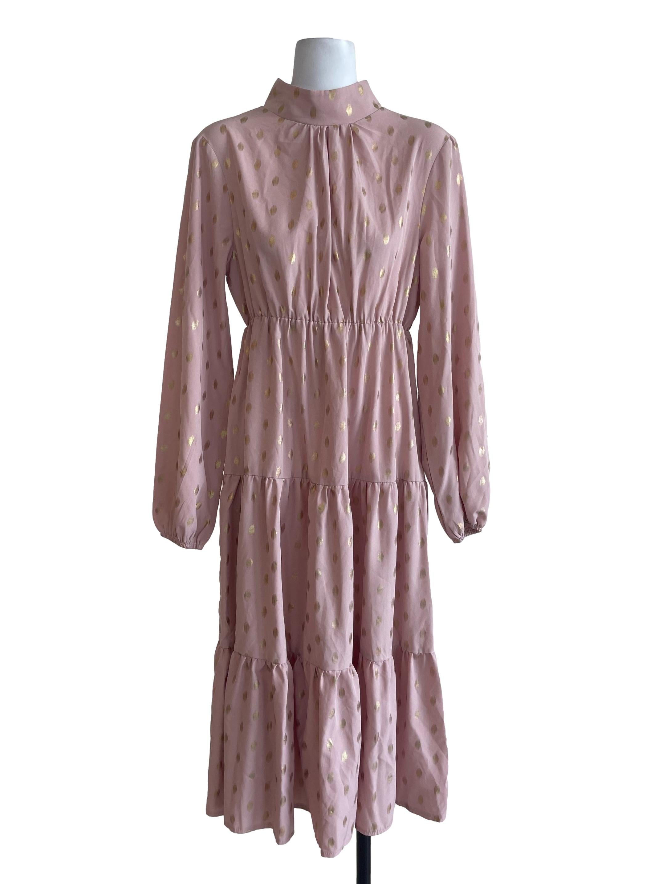 Baby Pink With Golden Polkadot Tiered Dress