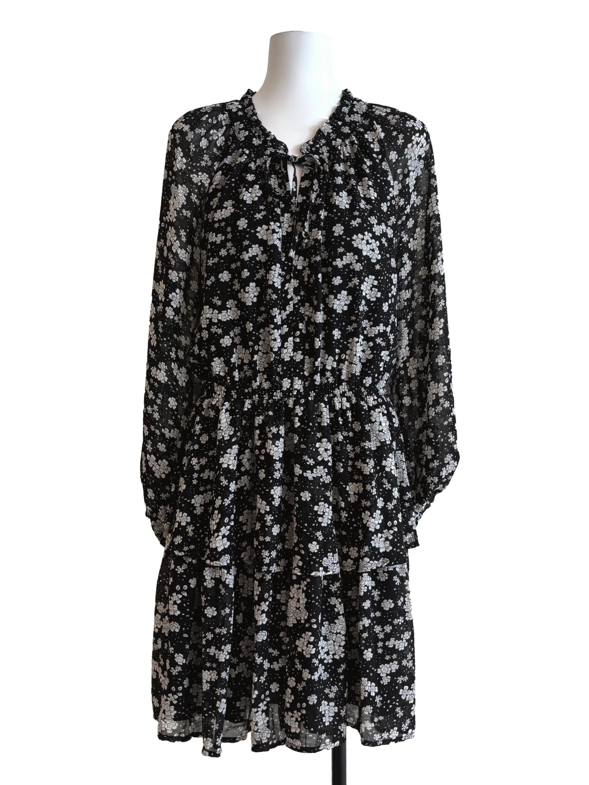 Jet Black Long Sleeve Floral Tier Dress