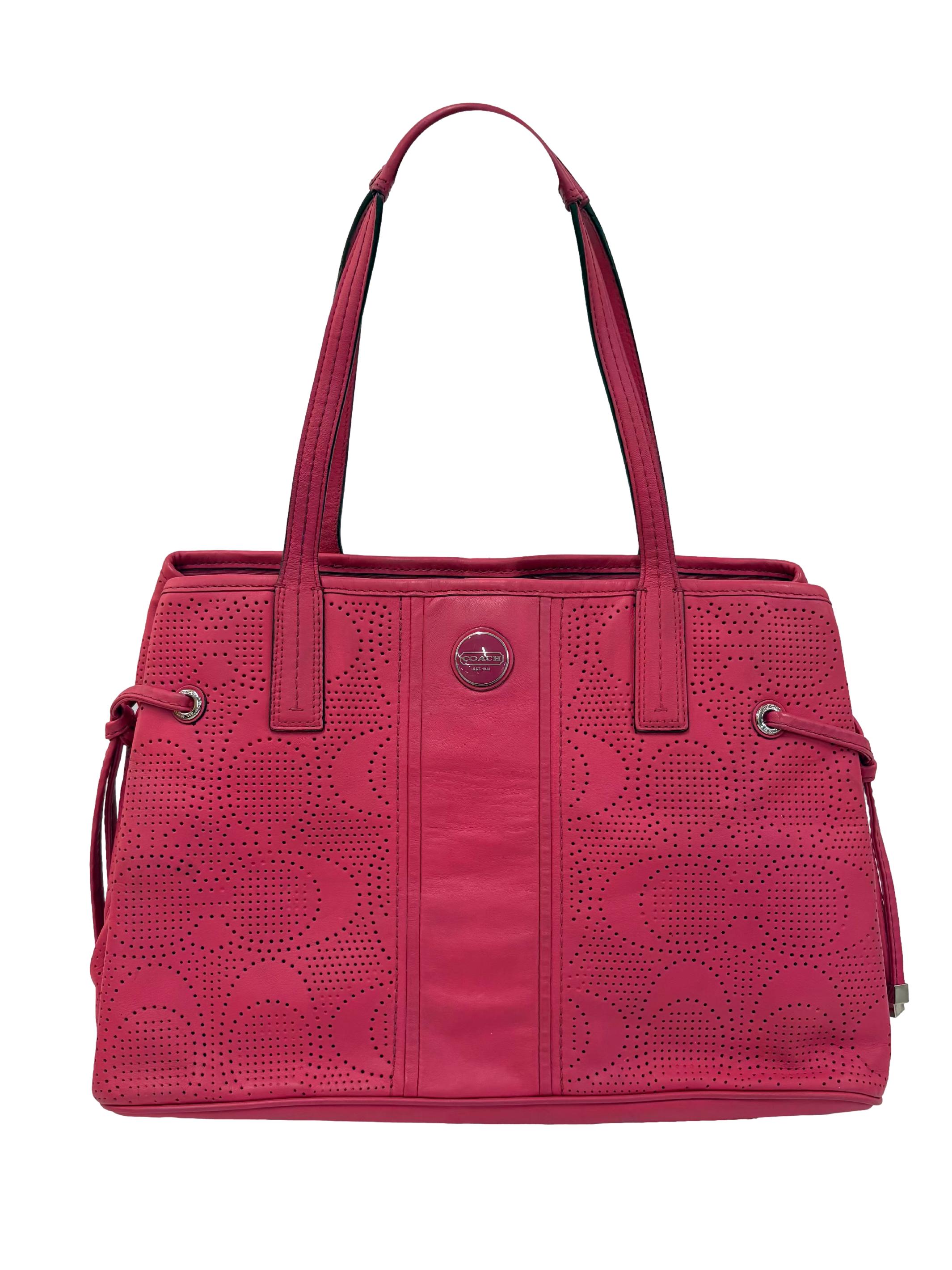 Pink Signature Stripe Perforated Leather Carryall Tote Bag