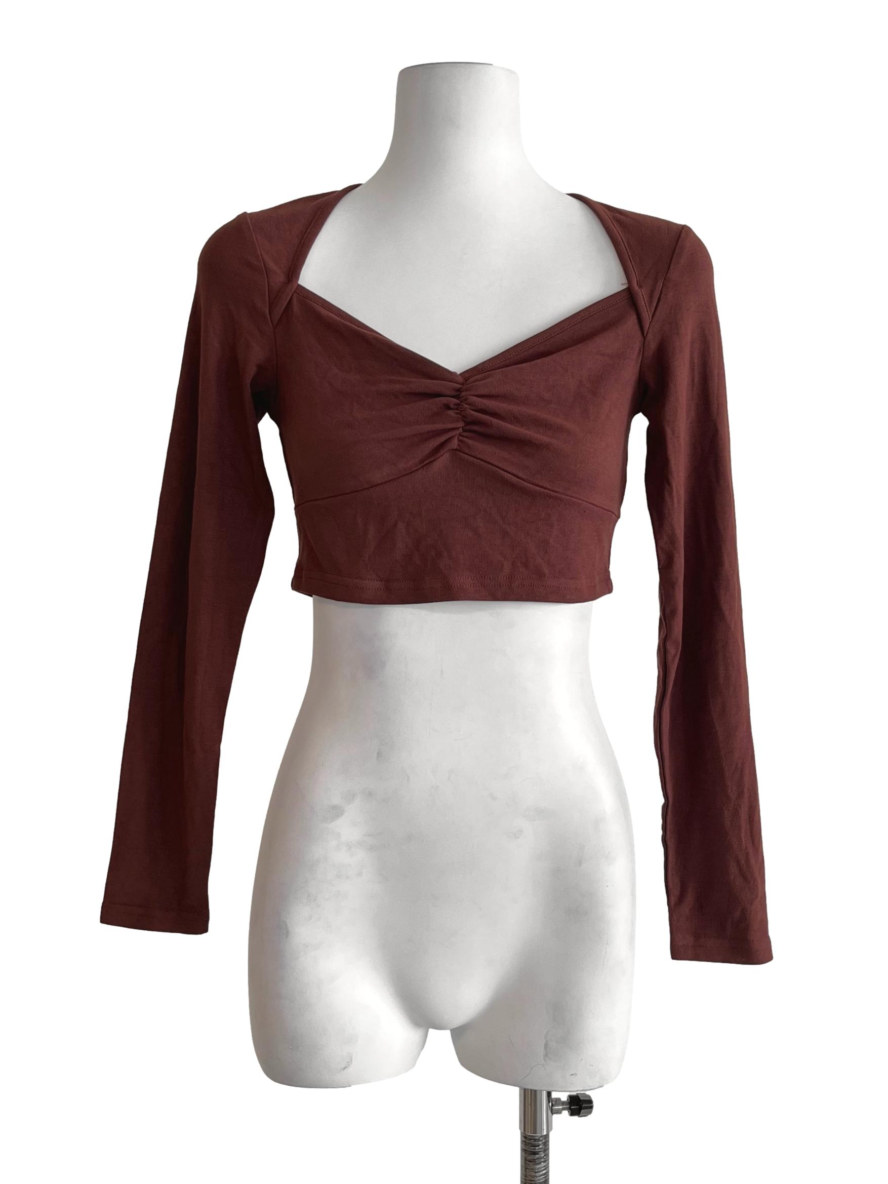 Pecan Brown Ruched Long-Sleeve Crop Top