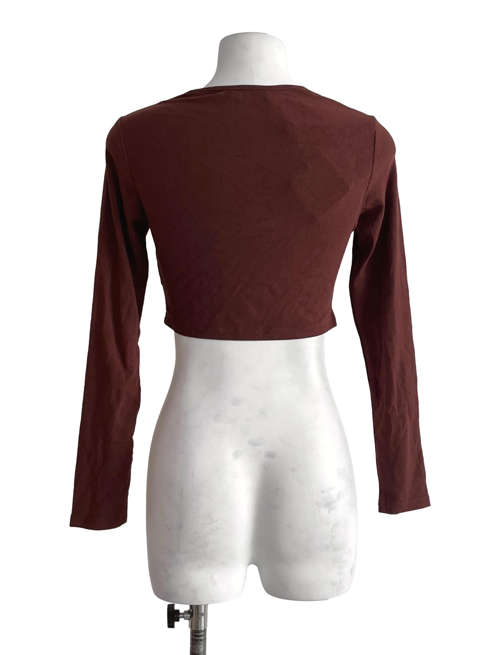 Pecan Brown Ruched Long-Sleeve Crop Top