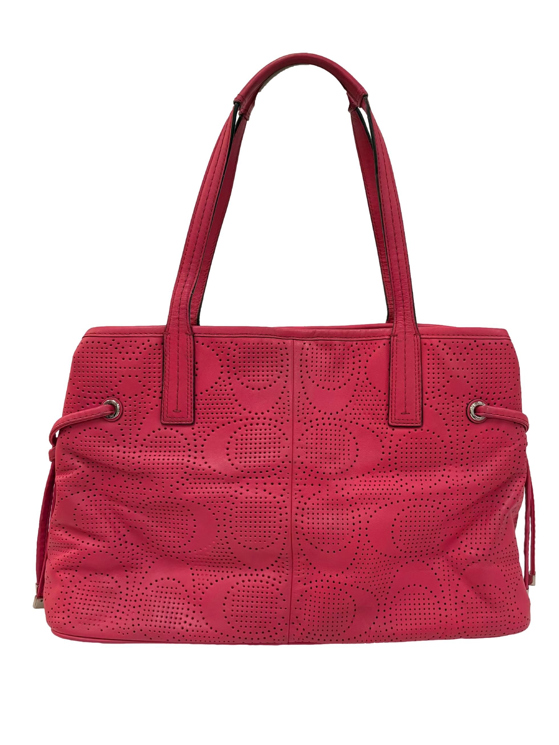 Pink Signature Stripe Perforated Leather Carryall Tote Bag