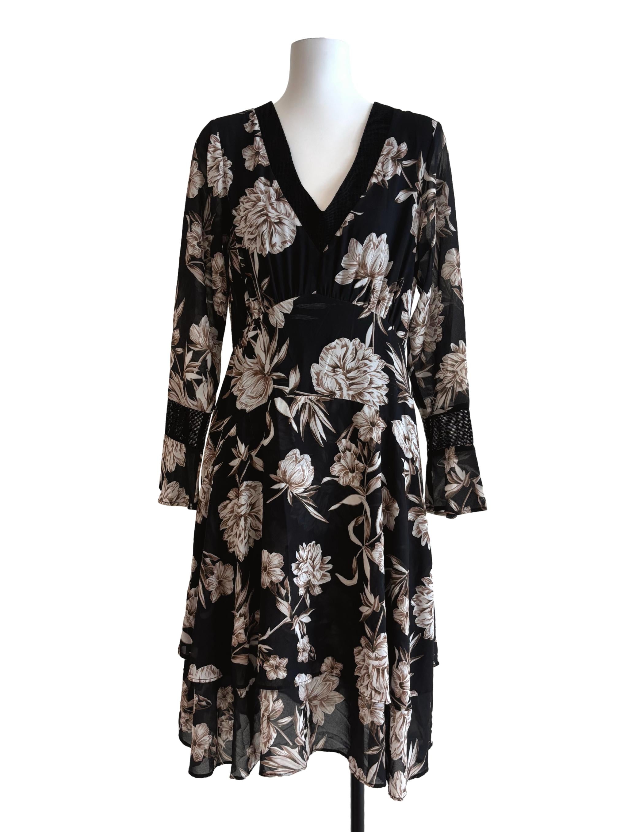 Soft Black Sepia Floral Long Sleeve Dress