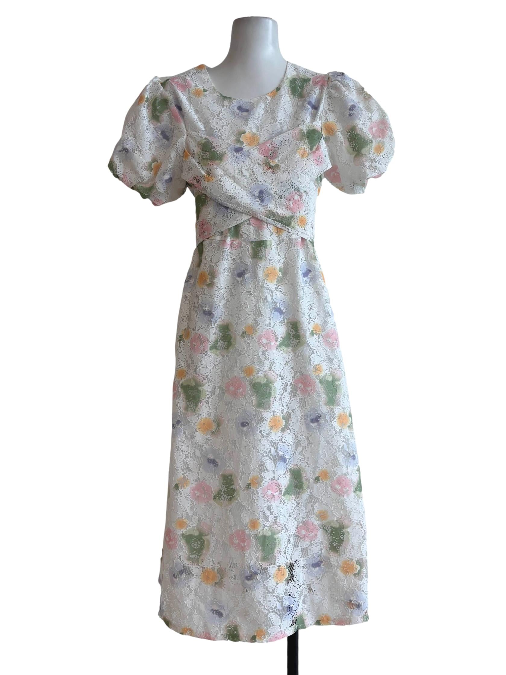 White Spray Print Lace Cotton Dress