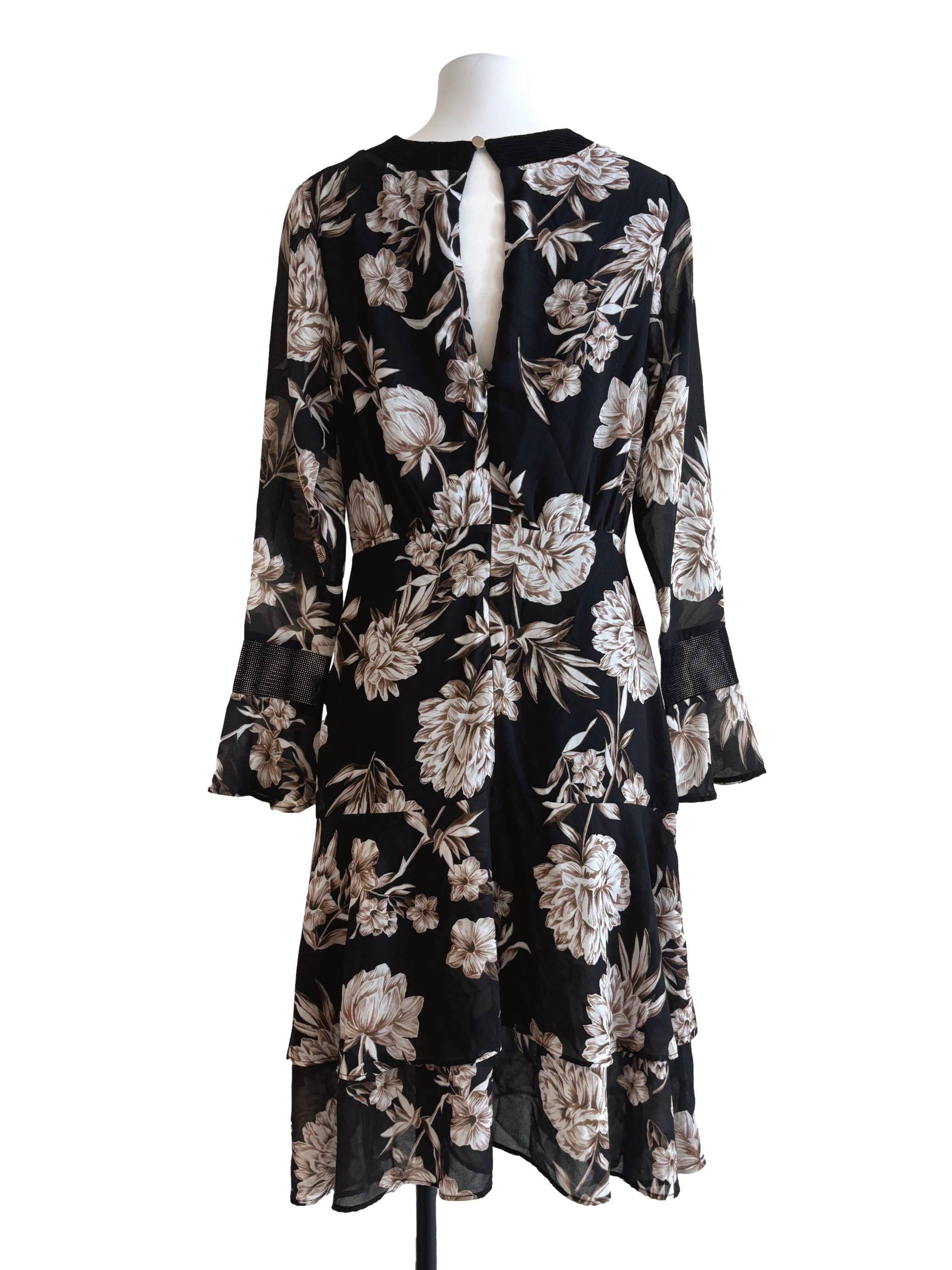 Soft Black Sepia Floral Long Sleeve Dress