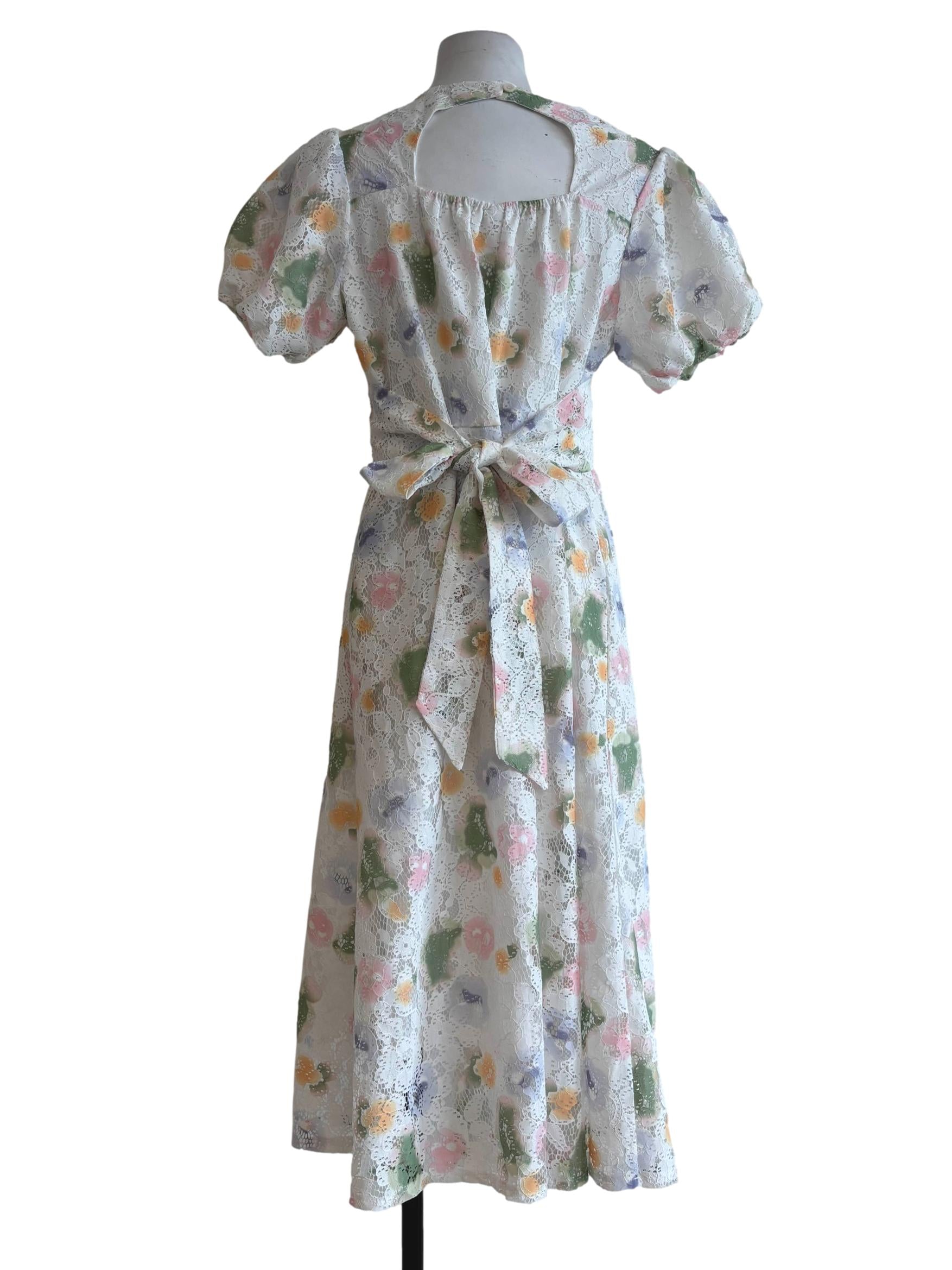 White Spray Print Lace Cotton Dress