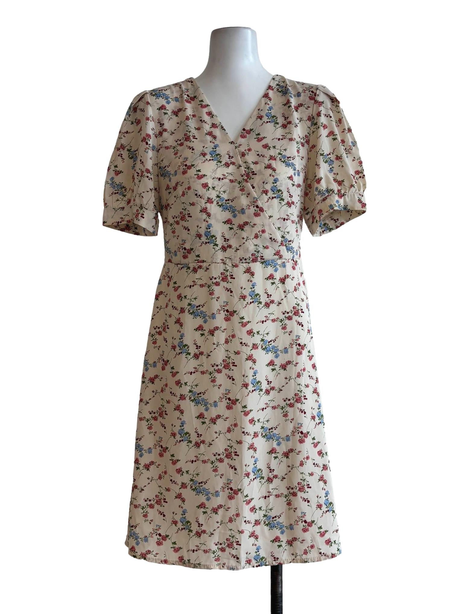 Eggshell Shortsleeve Floral Surplice Dress