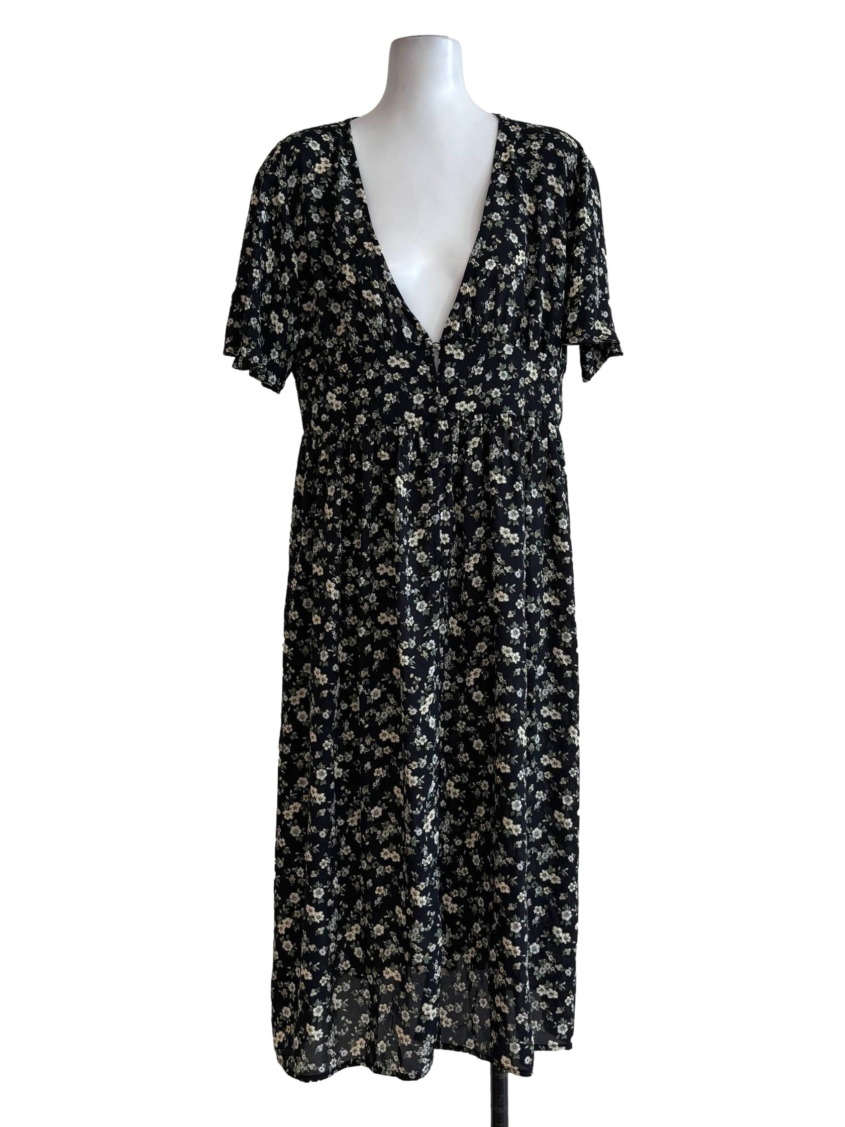 Black Shortsleeve Floral Plunging Dress