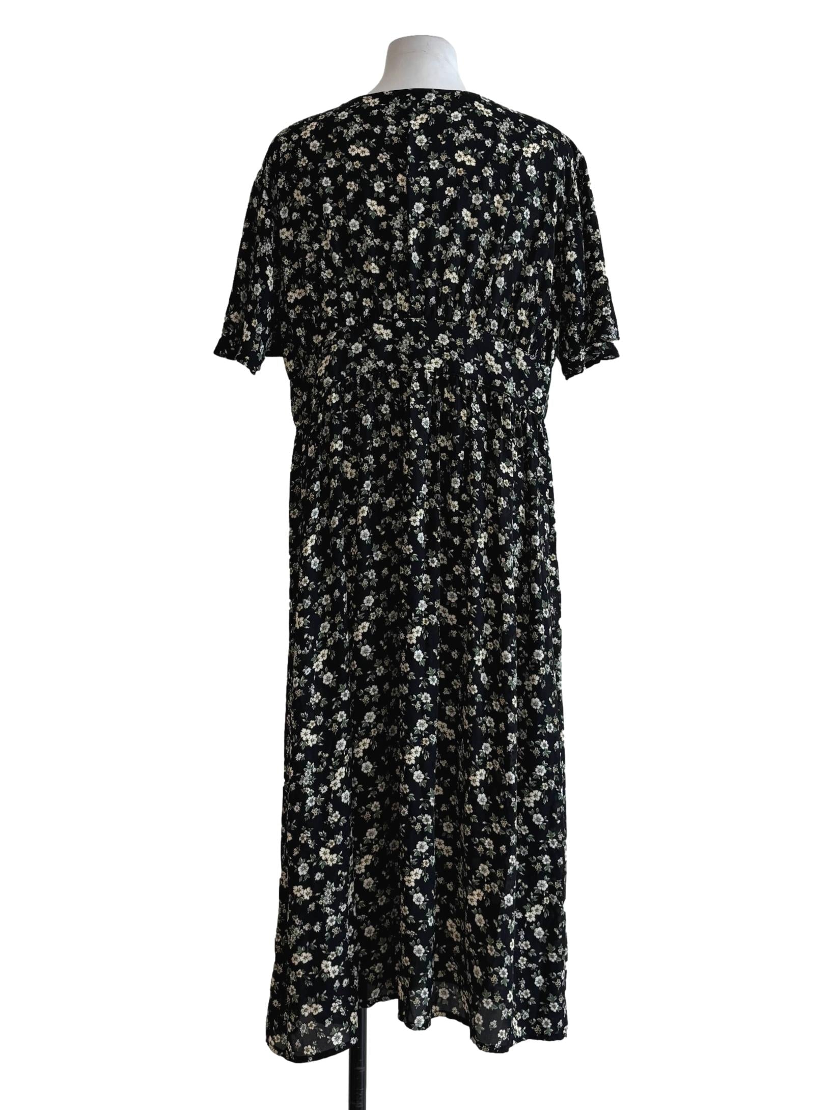 Black Shortsleeve Floral Plunging Dress