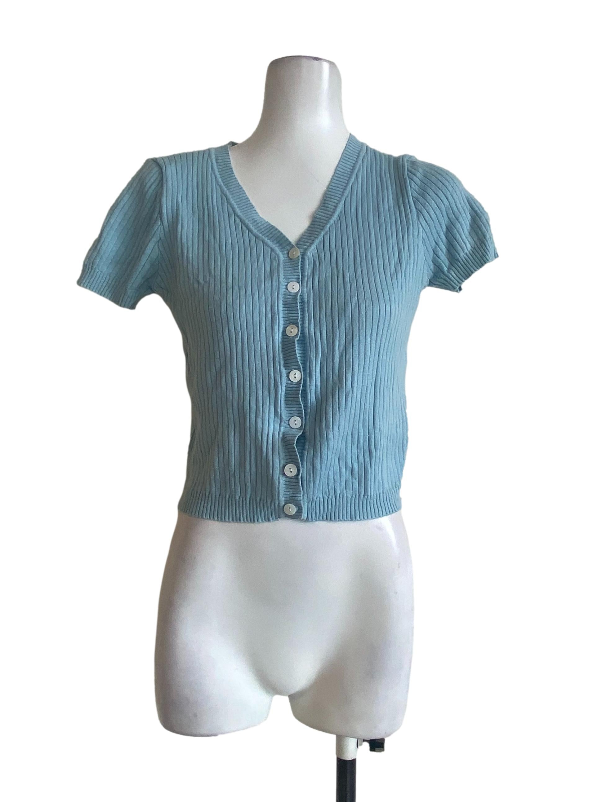 Sky Blue Pencil Stripe Button Down Top TEM