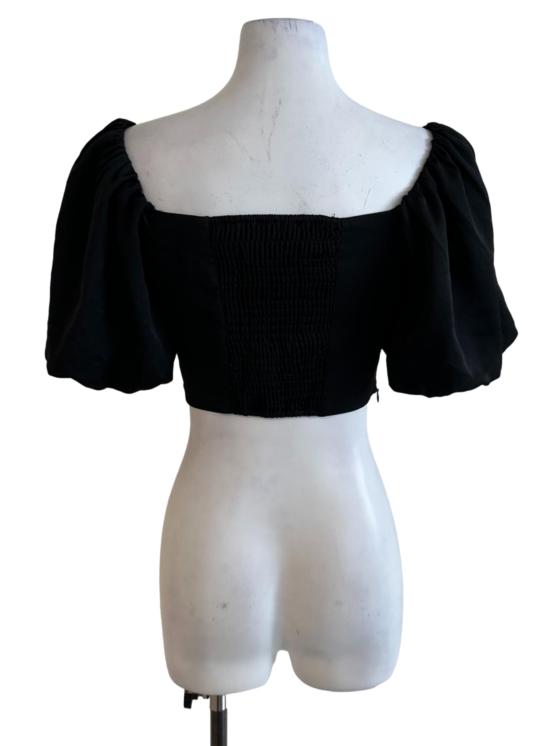 Onyx Black Pleated Ruched Puff Sleeve Crop Top