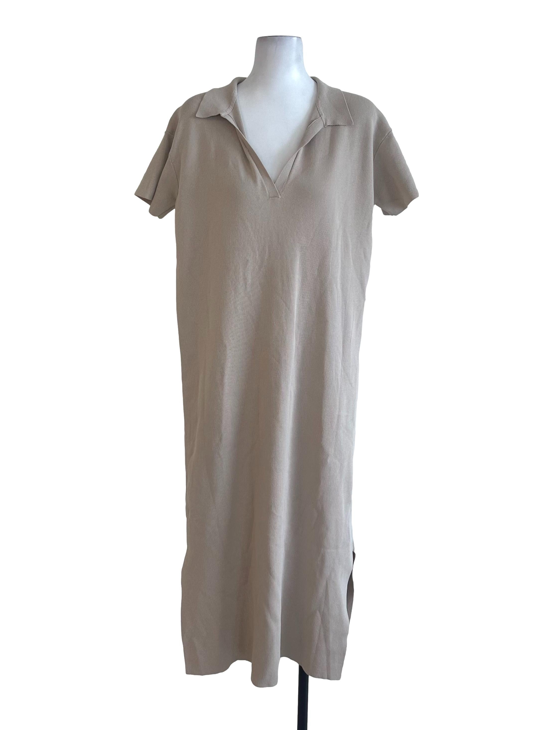 Sand Beige Plain Collar Slit Dress
