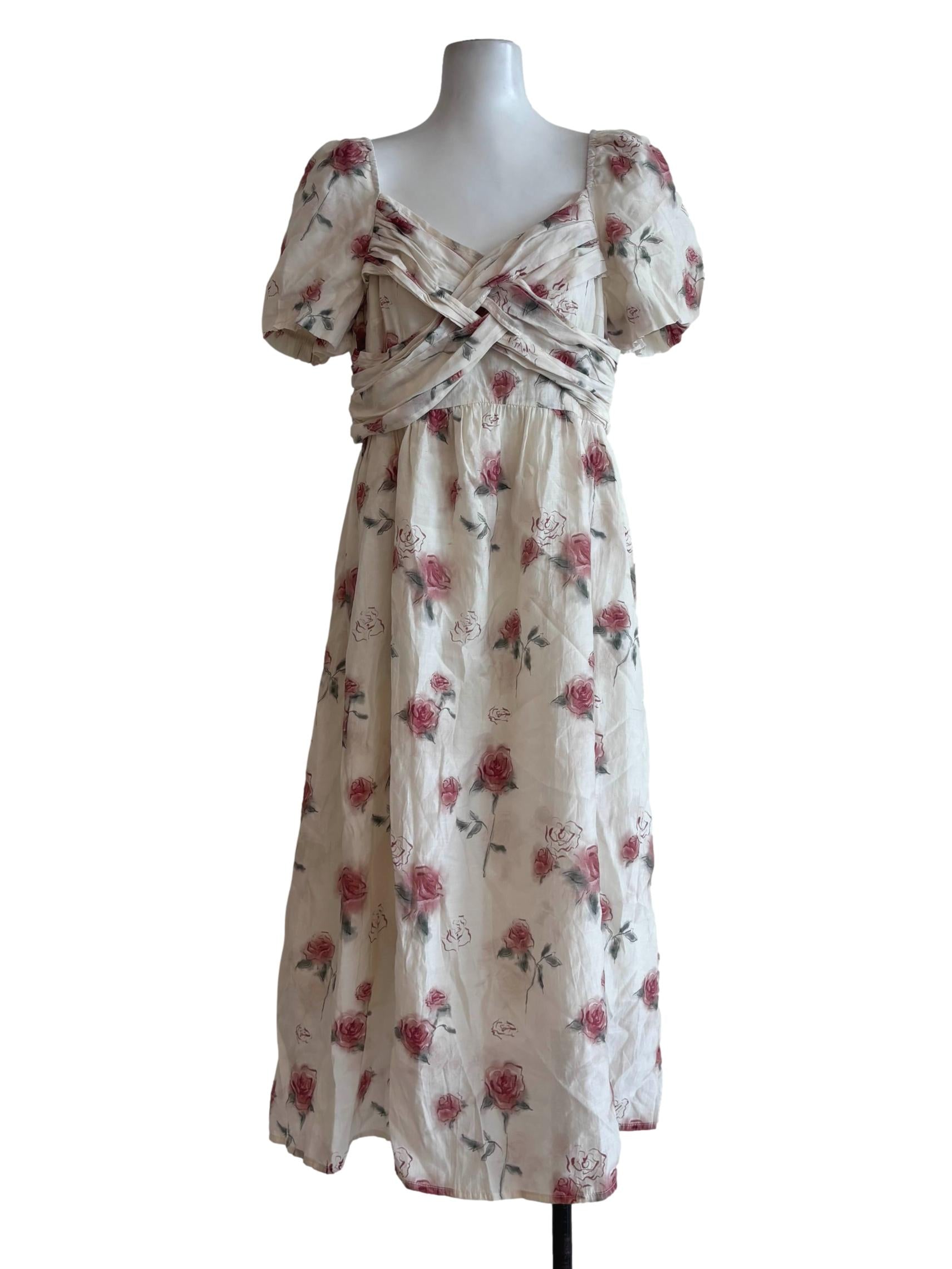 Floral White Rose Print Shortsleeve Dress