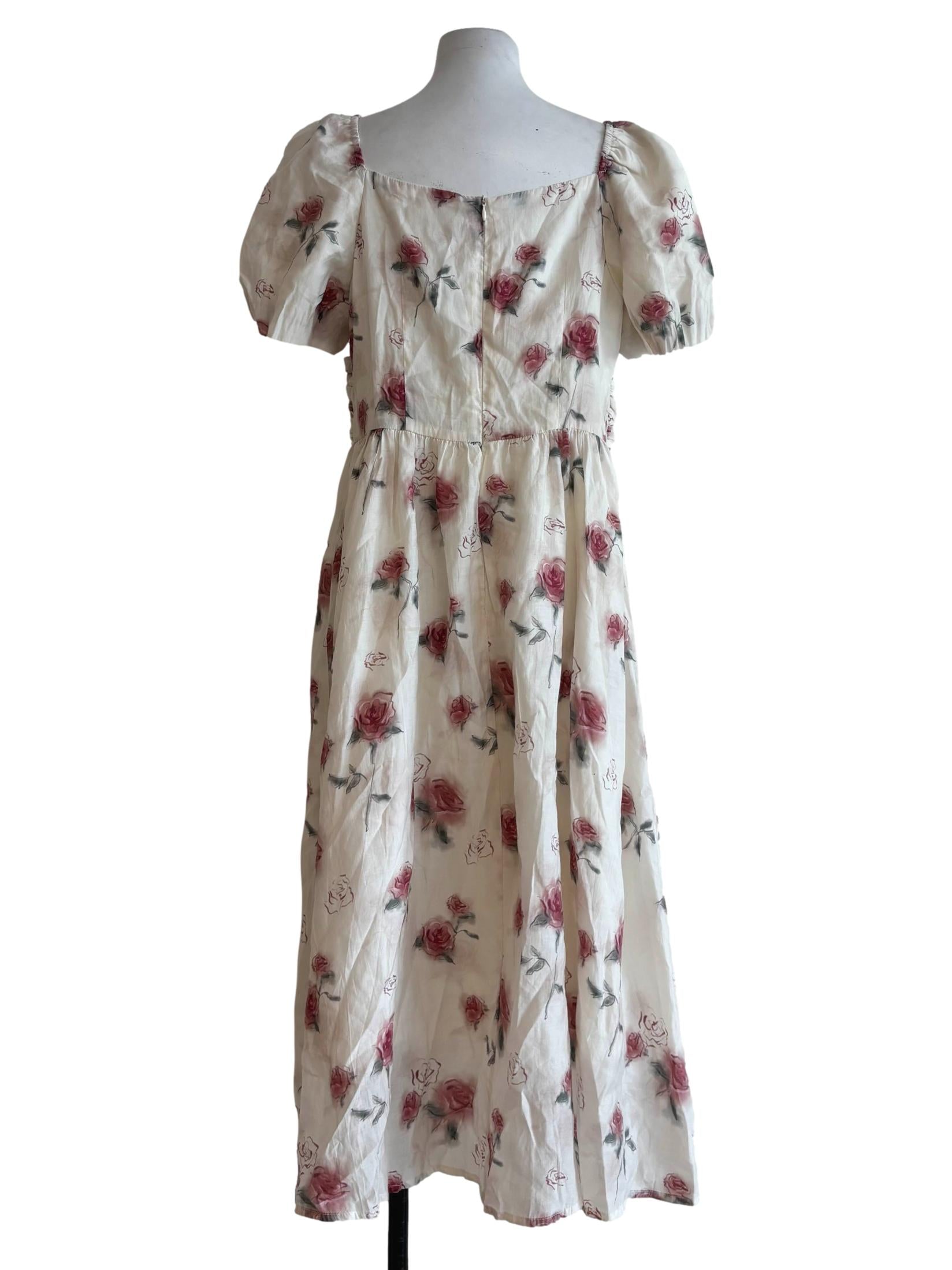 Floral White Rose Print Shortsleeve Dress