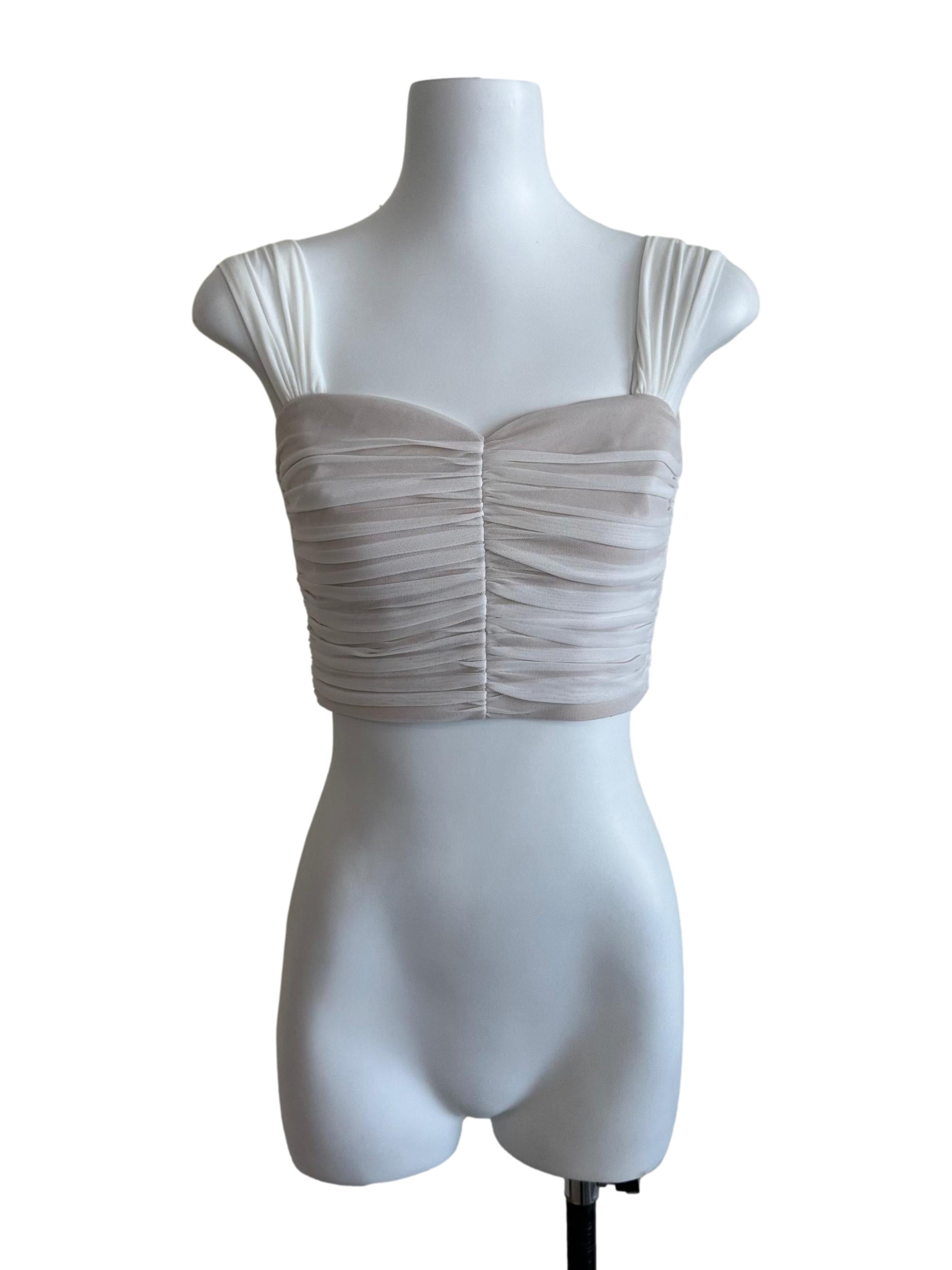 White Beige Mesh Net Ruched Top