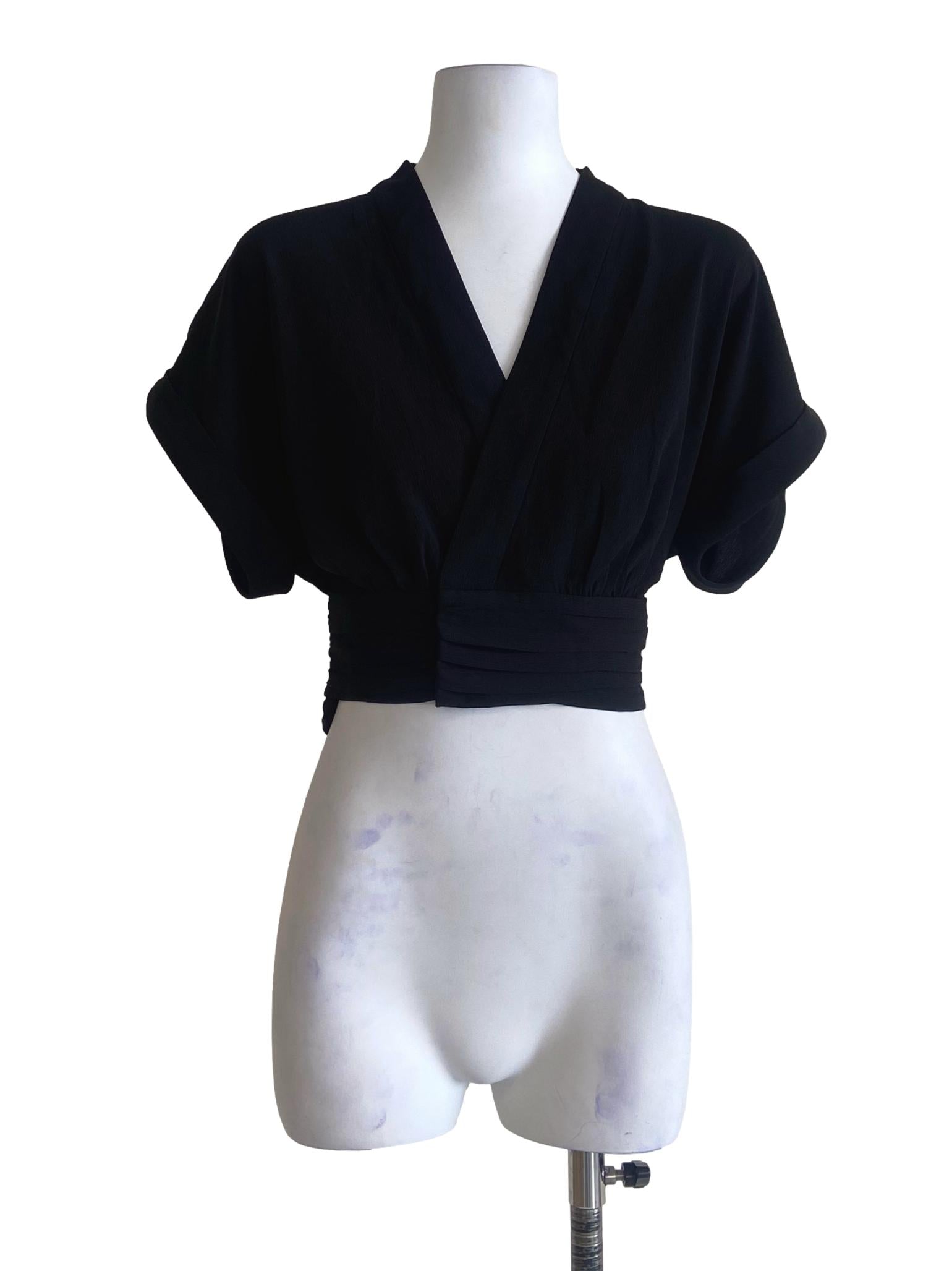 Black V-Neck Pegged Waist Crop Blouse LB