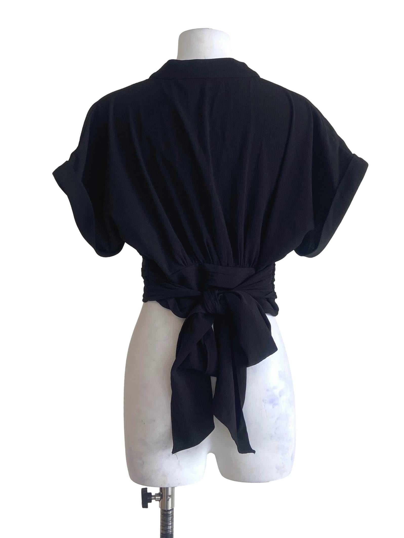 Black V-Neck Pegged Waist Crop Blouse LB