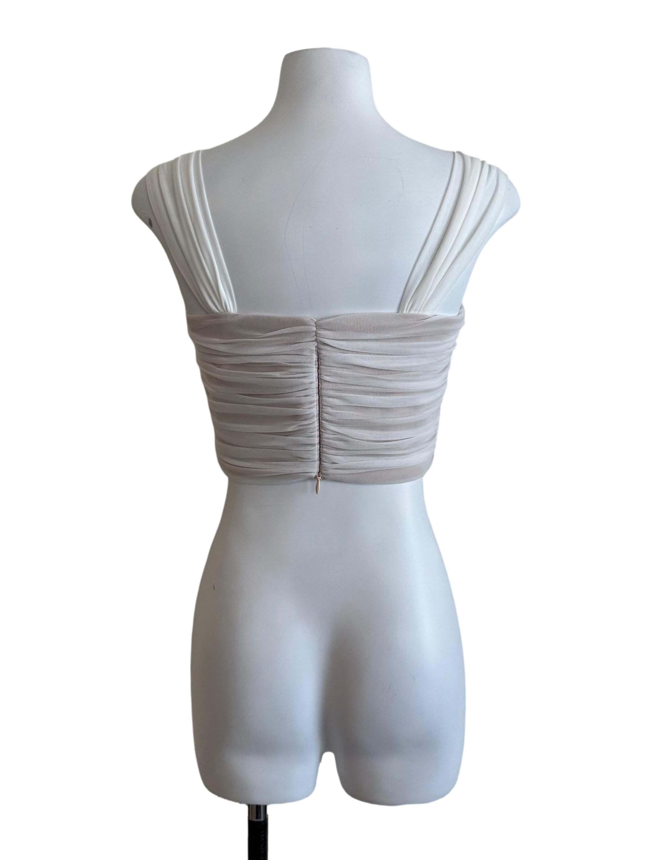 White Beige Mesh Net Ruched Top