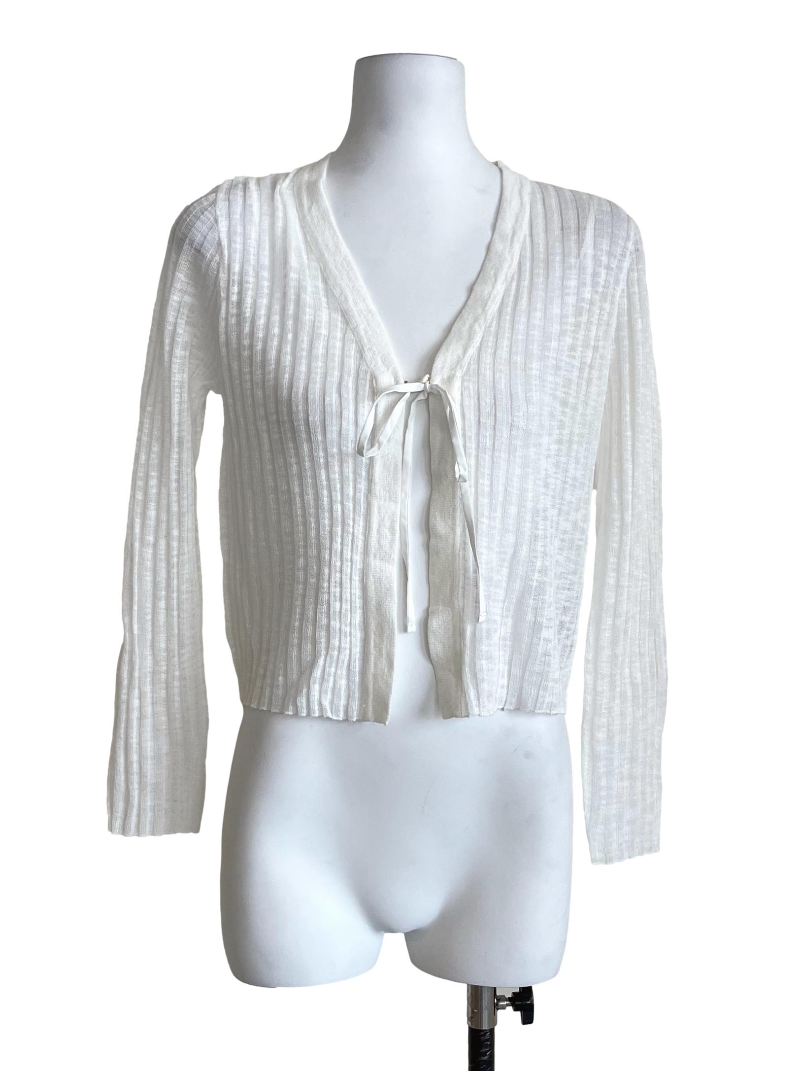 Chiffon White Ribbed Tie-Front Cardigan LB