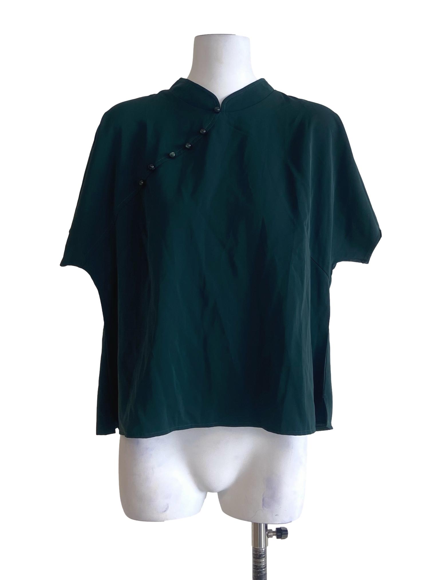 Pine Green Slit Asymmetric Button Blouse