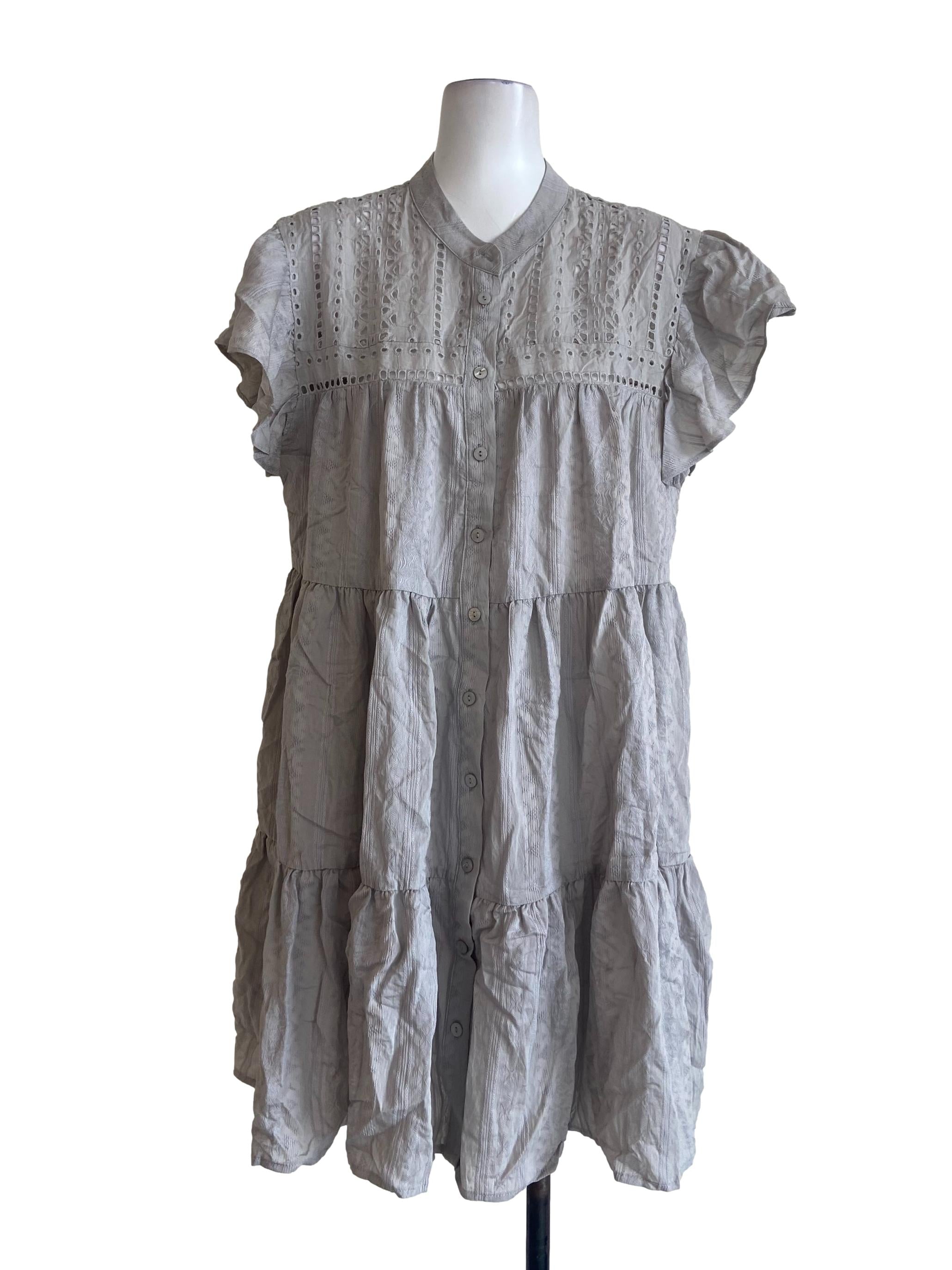 Coin Grey Embroidery Button Down Shirt Dress