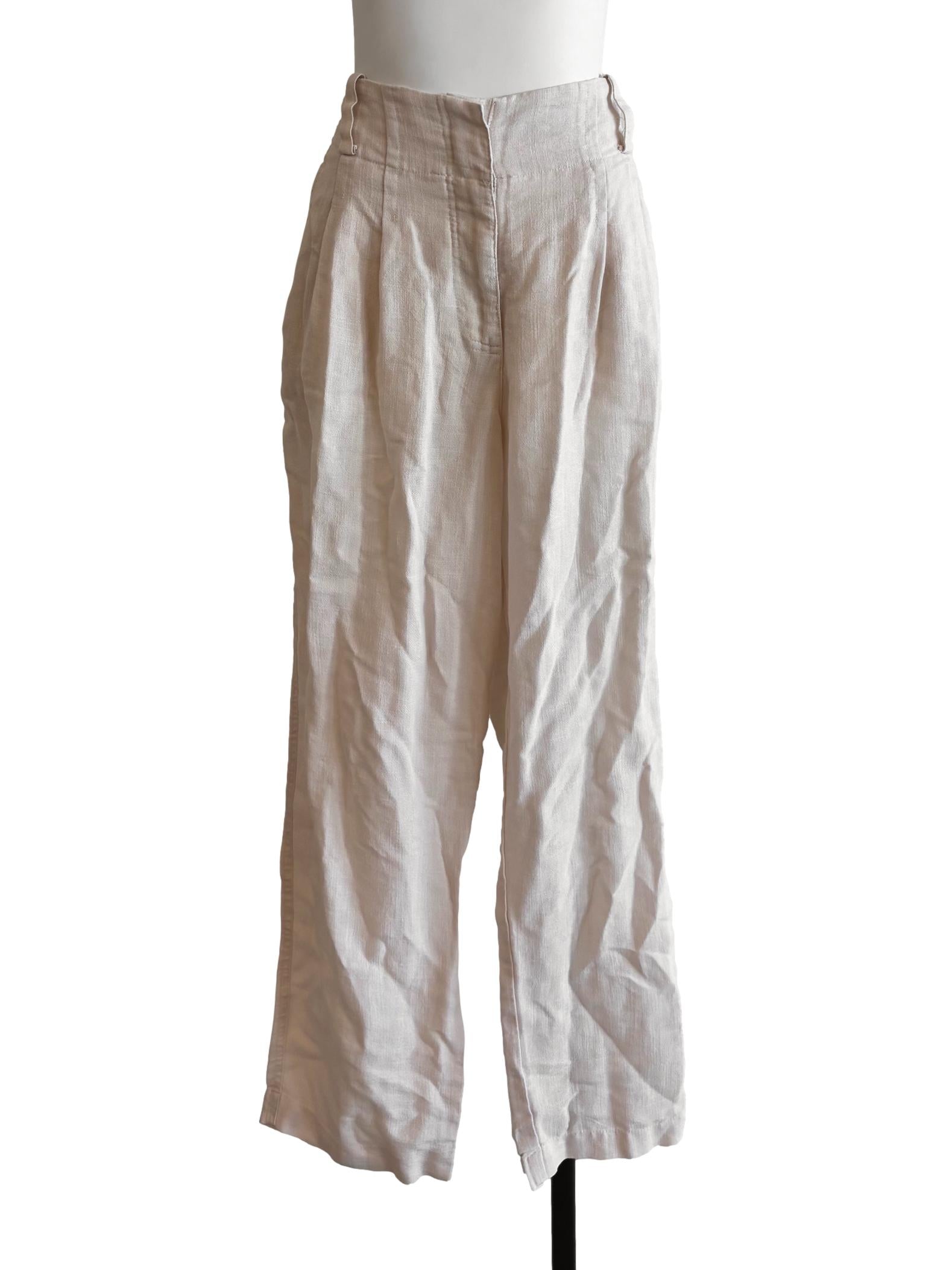 Rice White Pleated Straight Linen Pants