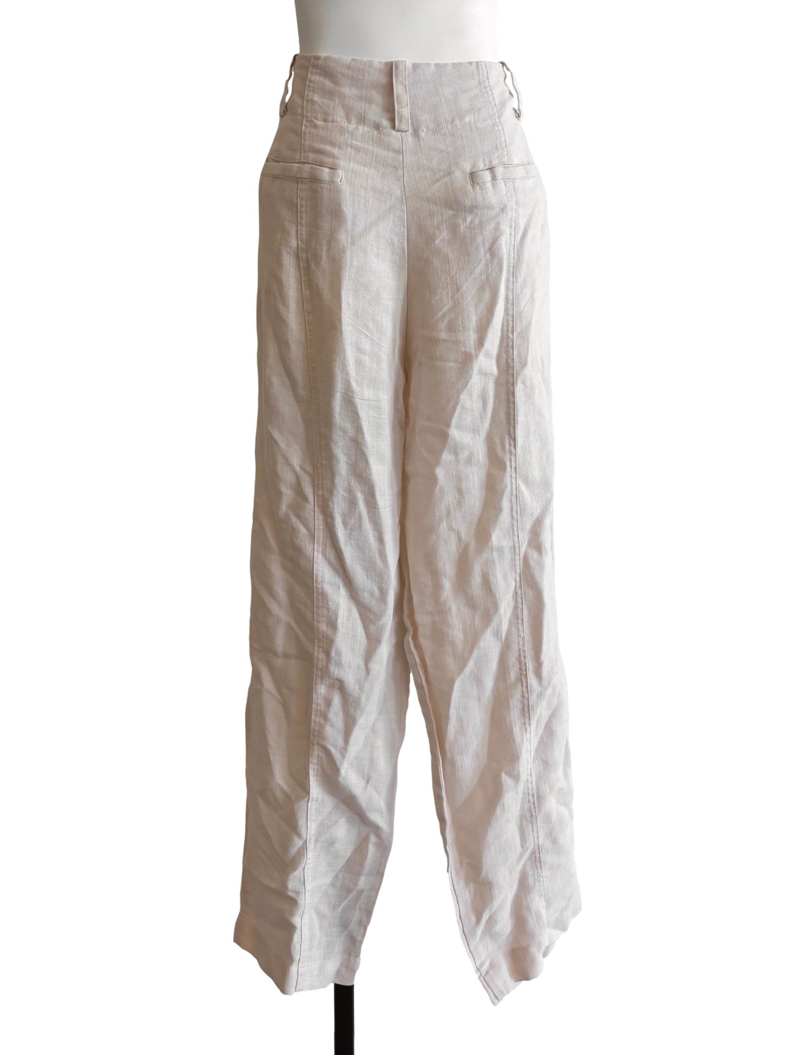 Rice White Pleated Straight Linen Pants