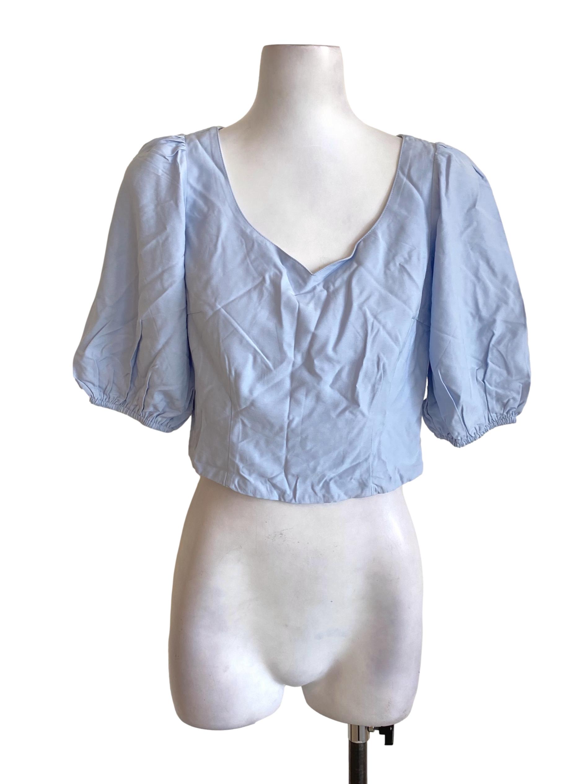 Pastel Blue Puffed Sleeved Cropped Top
