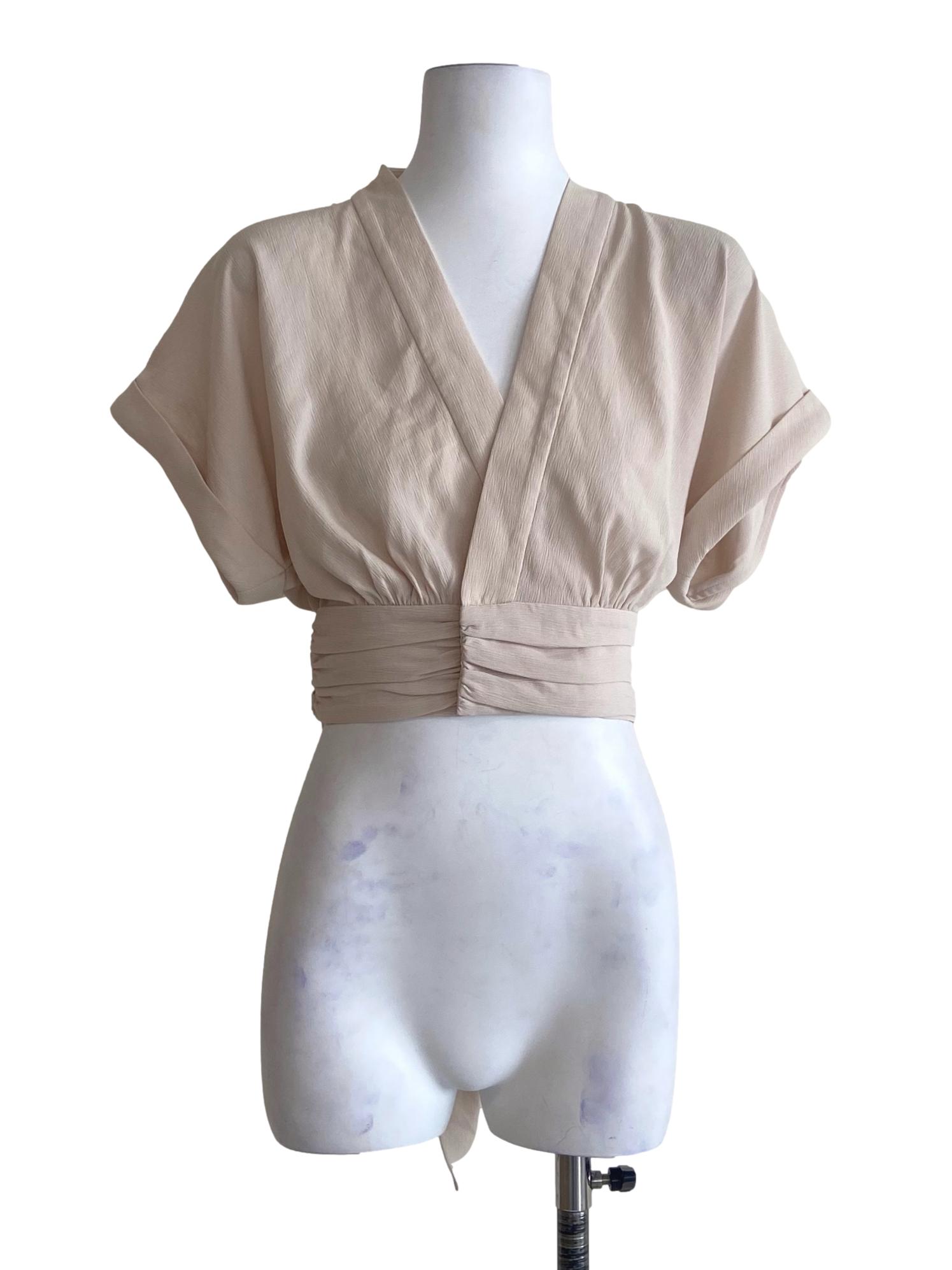 Chiffon Beige V-Neck Pegged Waist Crop Blouse LB