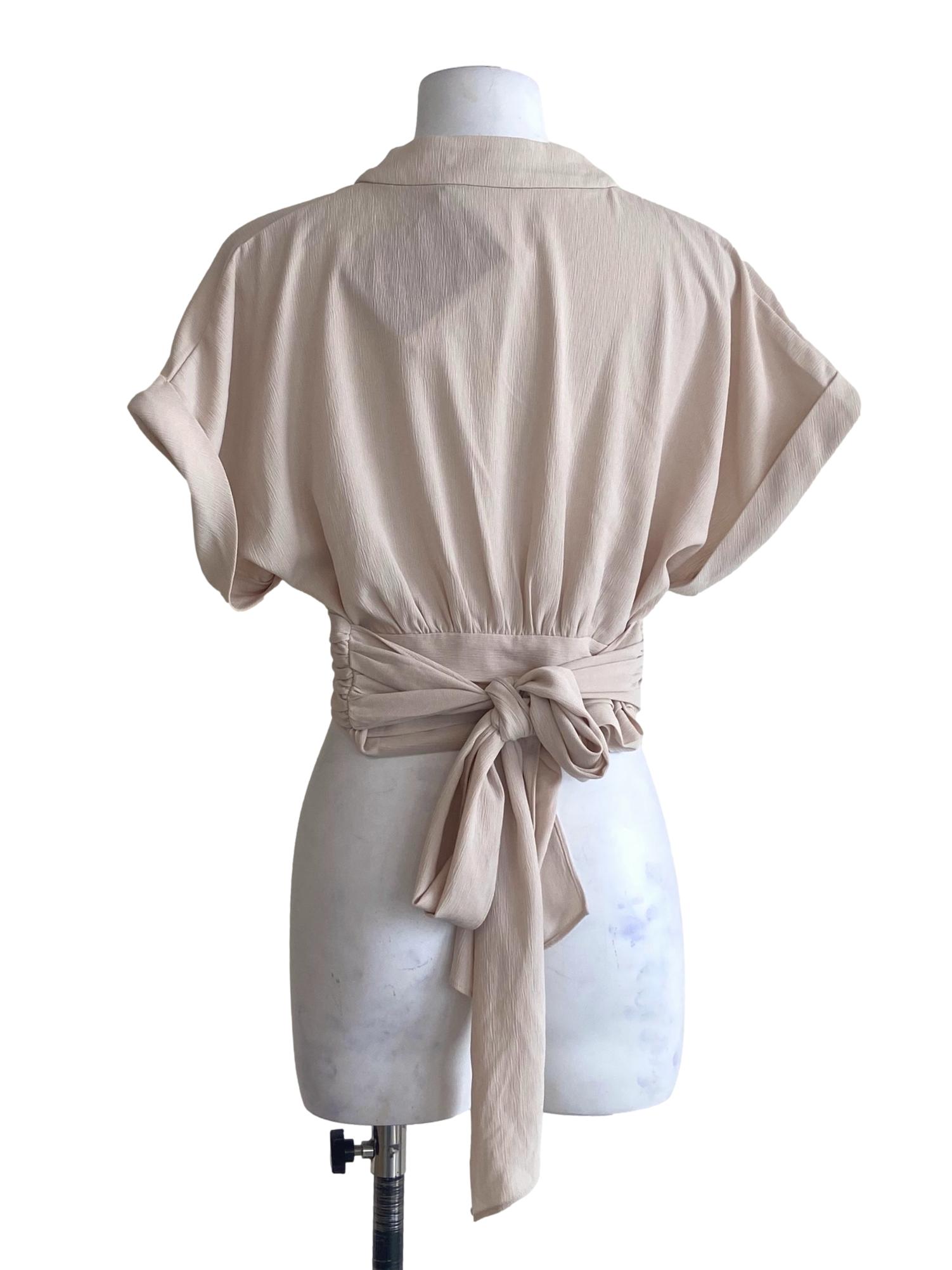Chiffon Beige V-Neck Pegged Waist Crop Blouse LB