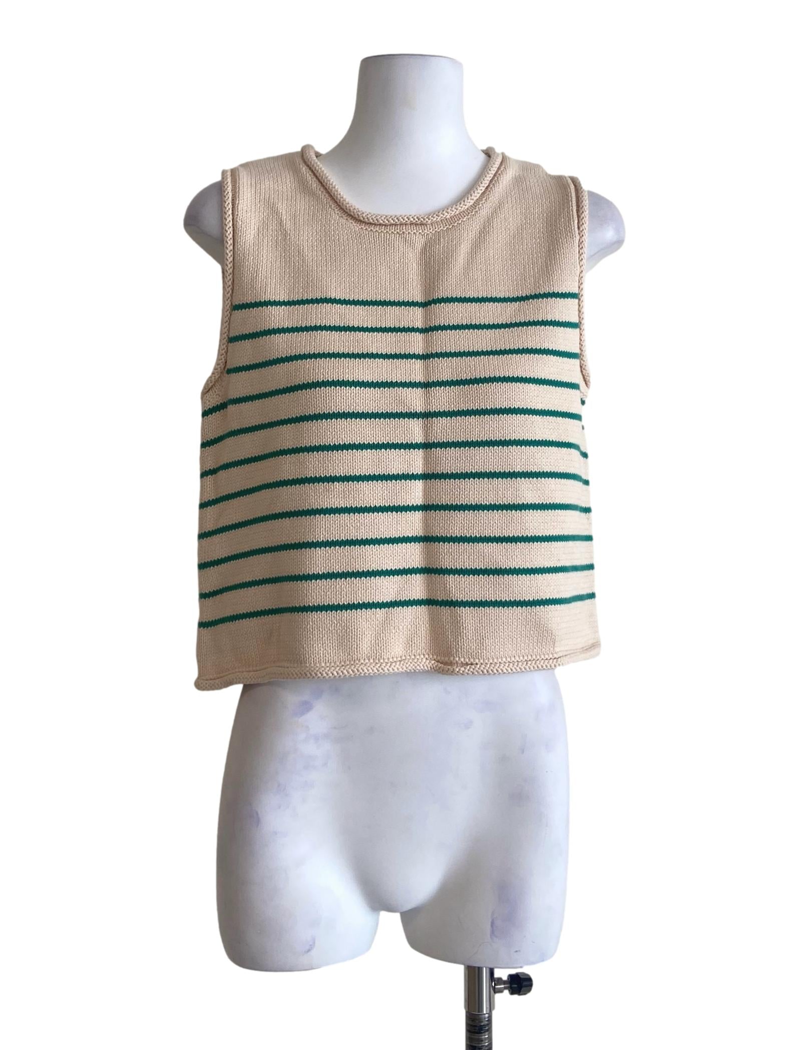 Cream Beige & Green Stripe Sleeveless Top TCL
