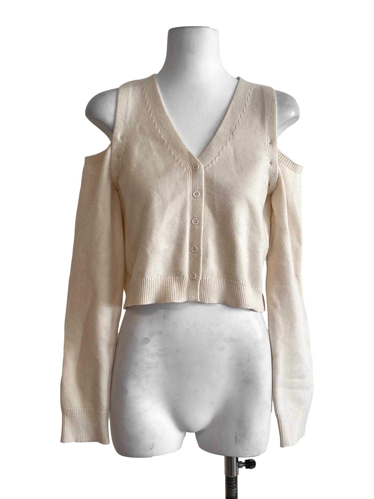 Cream White Cold-Shoulder Knit Cardigan TCL